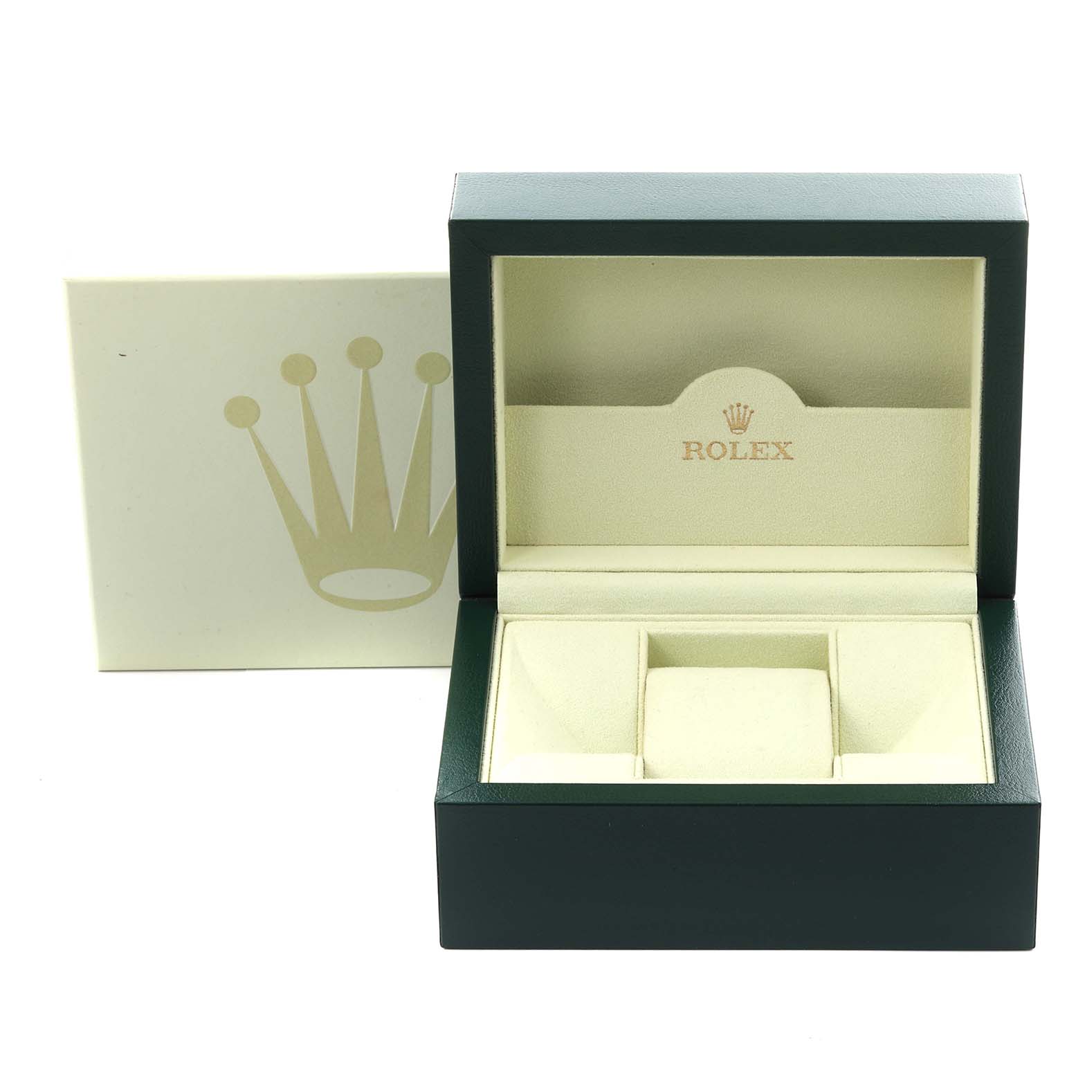 The image shows an open Rolex watch box for a Mid-Size model, featuring its cushion and branded interior.