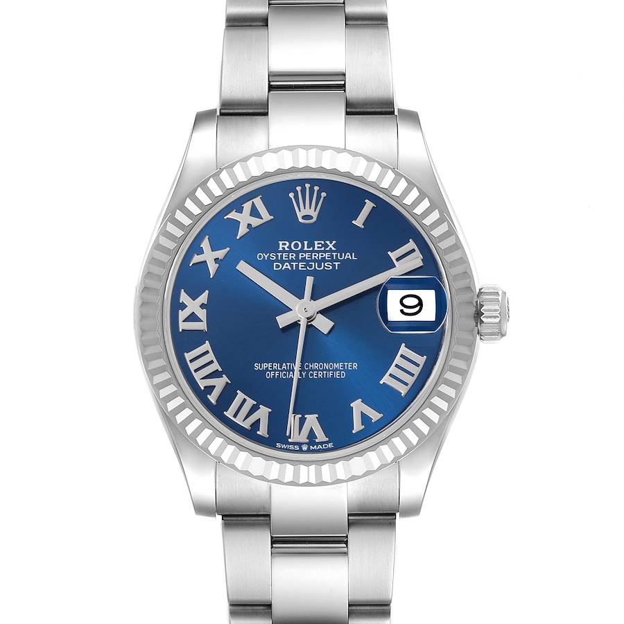 The image shows a frontal view of a Rolex Datejust Mid-Size model, highlighting the blue dial, bezel, hands, and bracelet.