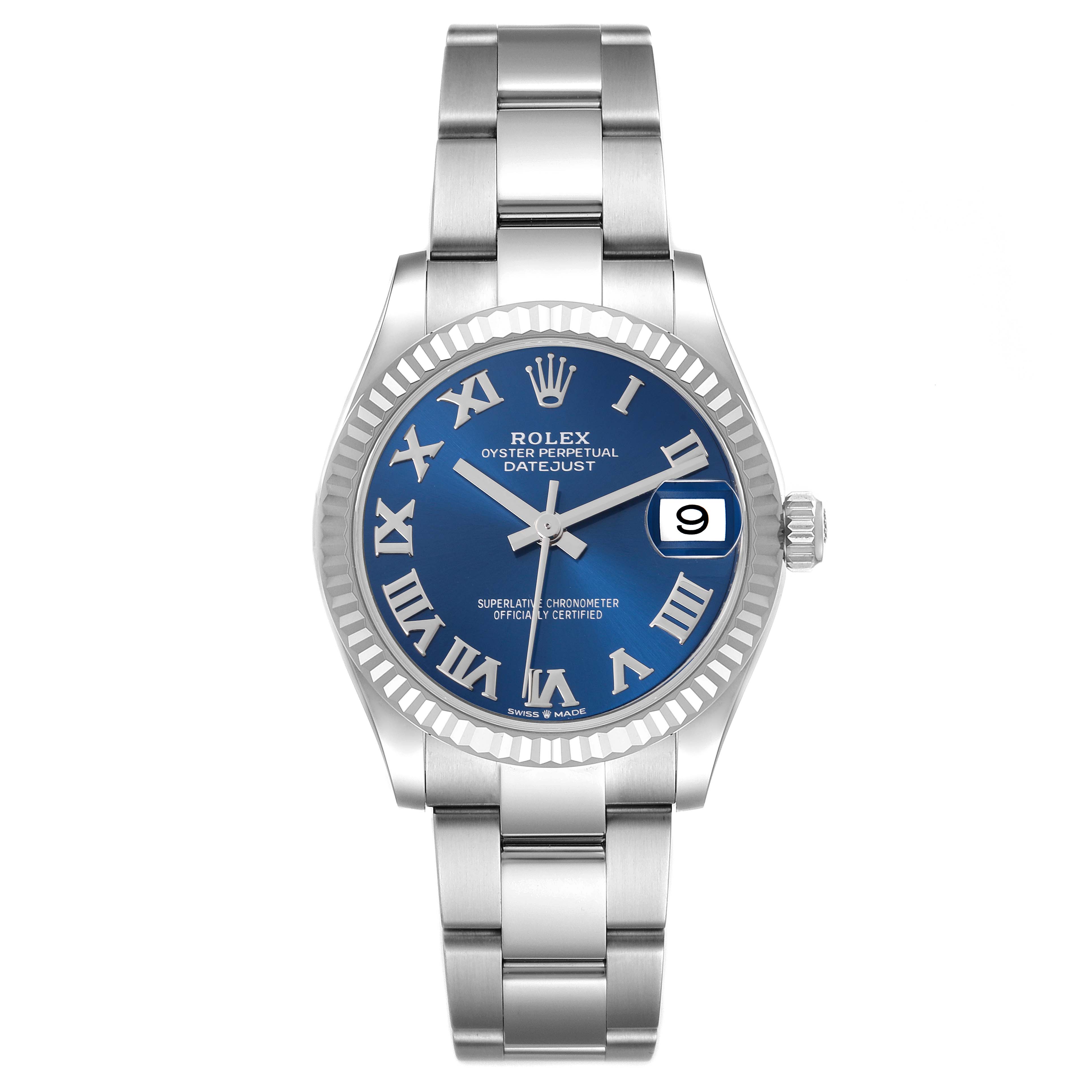 The Rolex Mid-Size 278274 Women's Stainless Steel Blue Dial 278274 Women's Stainless Steel Blue Dial watch is shown from the front, displaying the face, bezel, bracelet, and date window.