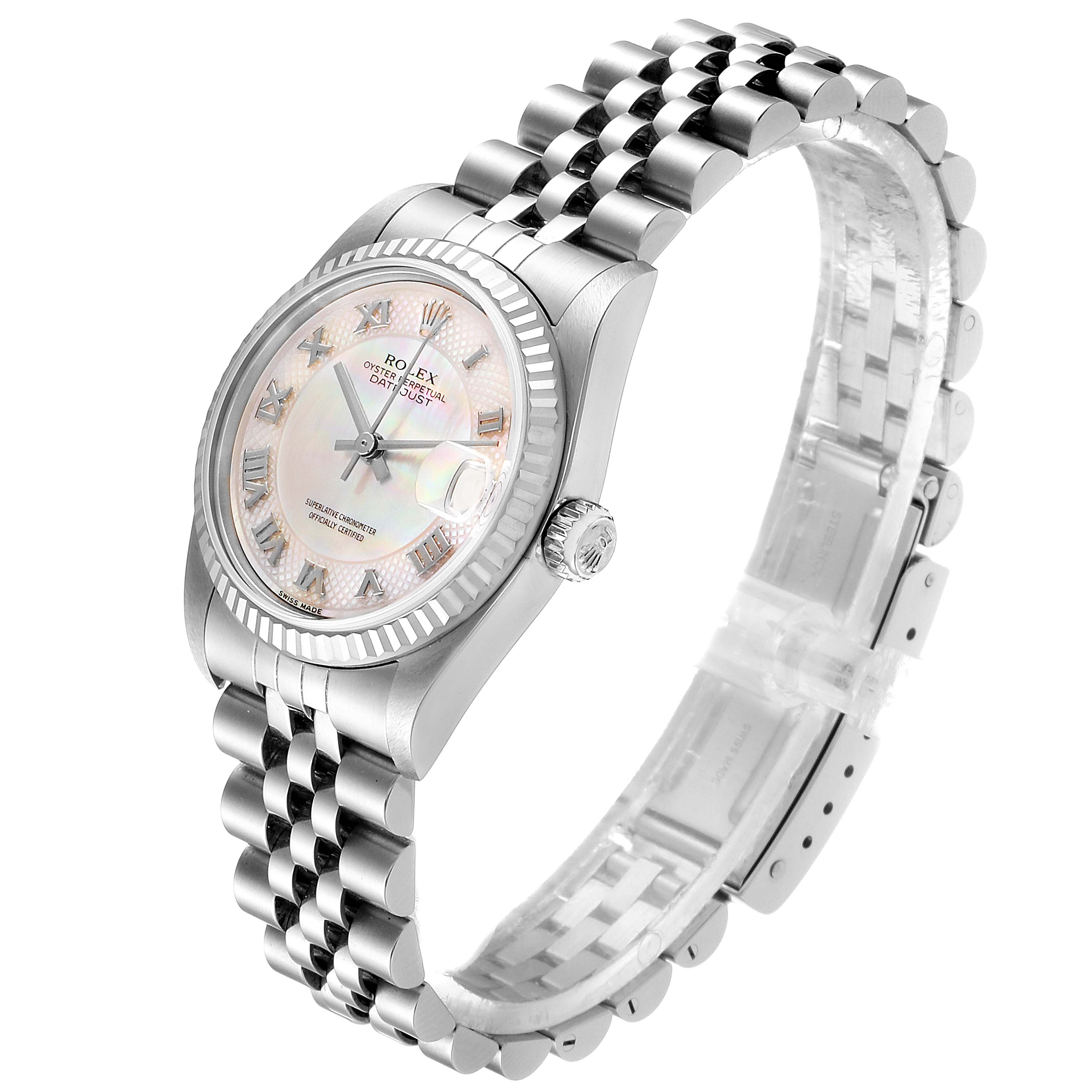 The Rolex Mid-Size 78274 Women
s Stainless Steel Mother of Pearl Dial 78274 Women
s Stainless Steel Mother of Pearl Dial model watch is shown at a 3/4 angle, displaying the face, bezel, crown, and bracelet.