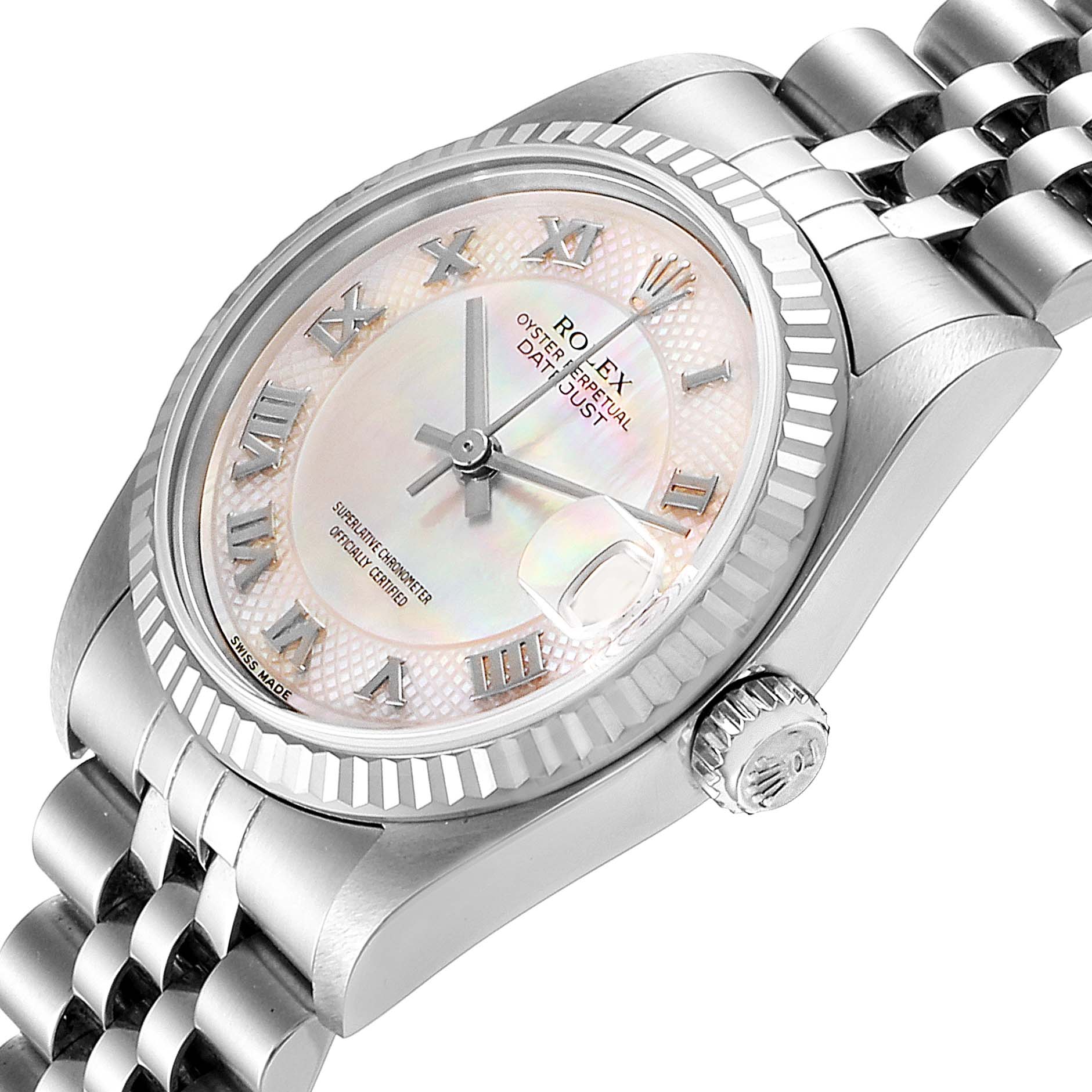 The Rolex Mid-Size 78274 Women
s Stainless Steel Mother of Pearl Dial 78274 Women
s Stainless Steel Mother of Pearl Dial watch is shown at an angled view, highlighting the face, bezel, crown, and part of the bracelet.