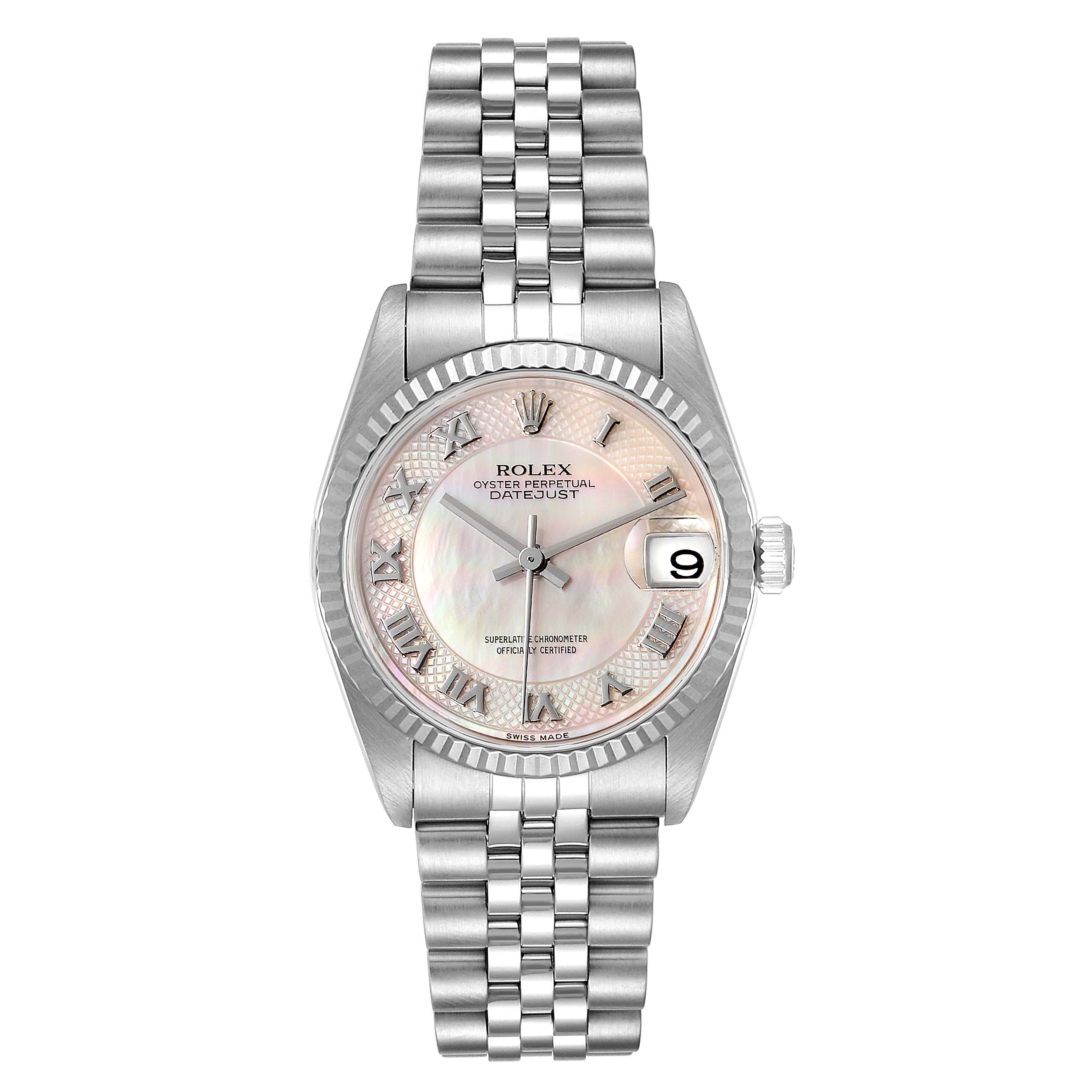 The Rolex Mid-Size 78274 Women
s Stainless Steel Mother of Pearl Dial 78274 Women
s Stainless Steel Mother of Pearl Dial model watch is shown from a top-down angle, displaying the dial, bracelet, bezel, and date window.