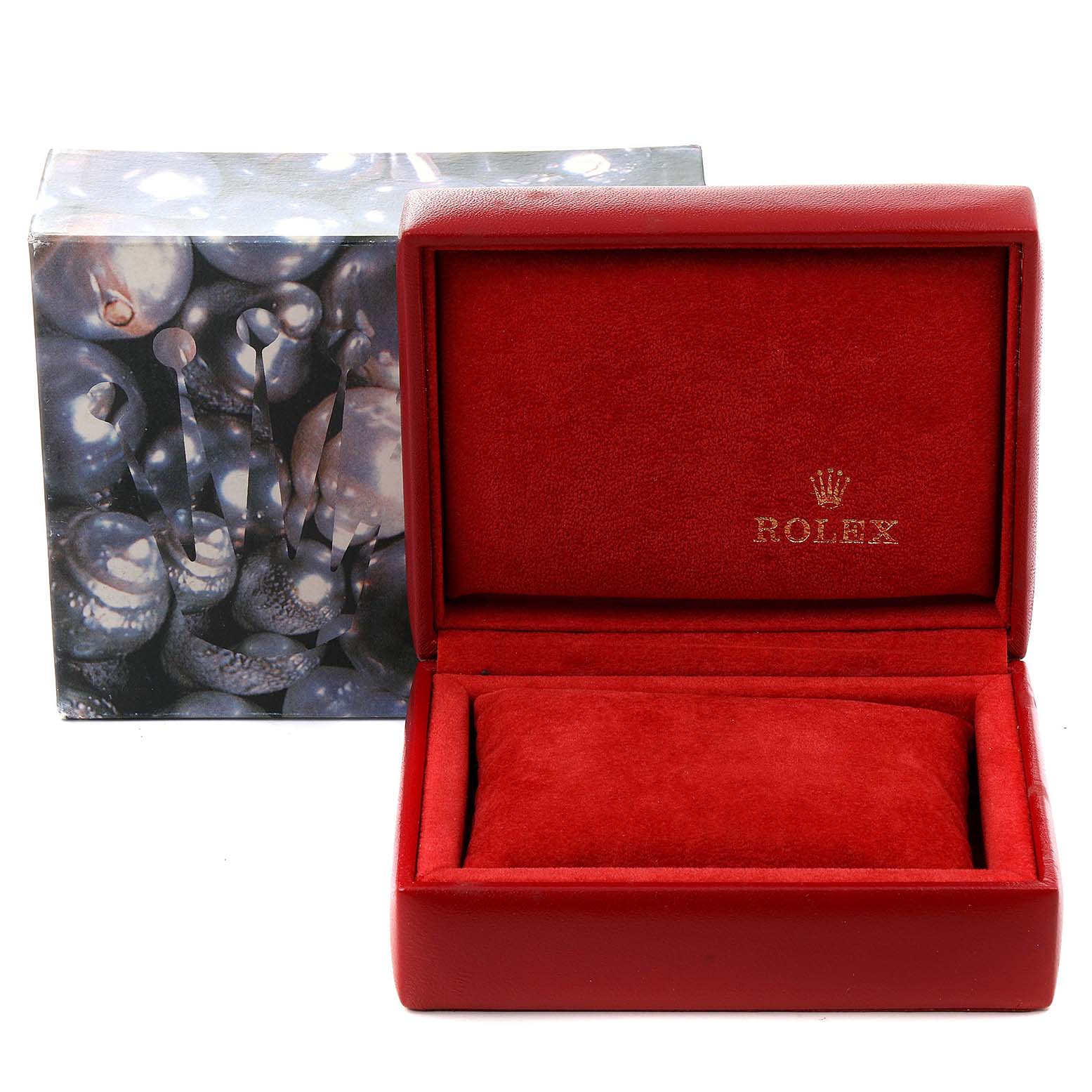 The image shows an empty, red Rolex watch box designed for a Mid-Size model, with its lid open and outer packaging visible.