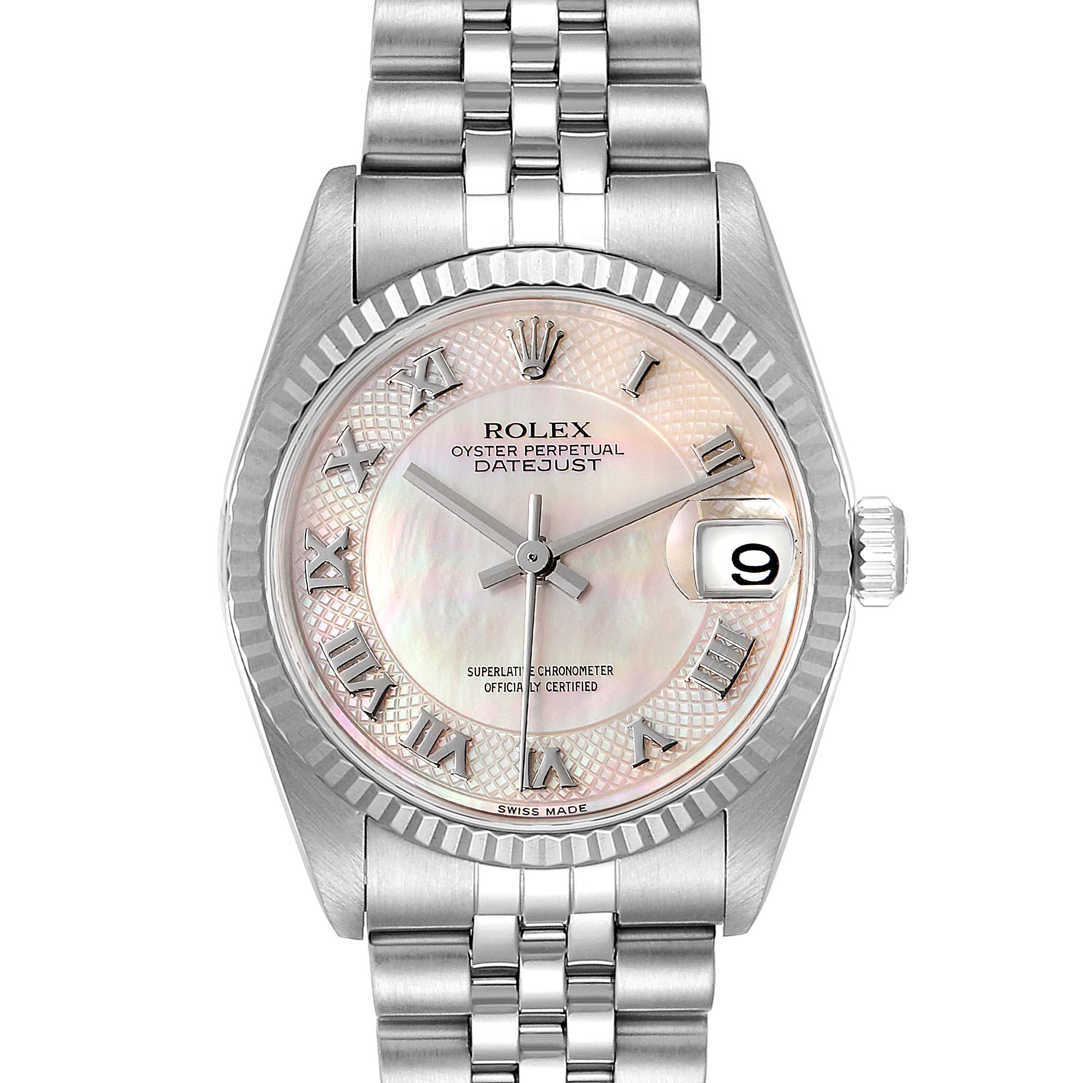 This image shows a front view of a Rolex Datejust Mid-Size watch displaying the face, bezel, and bracelet.