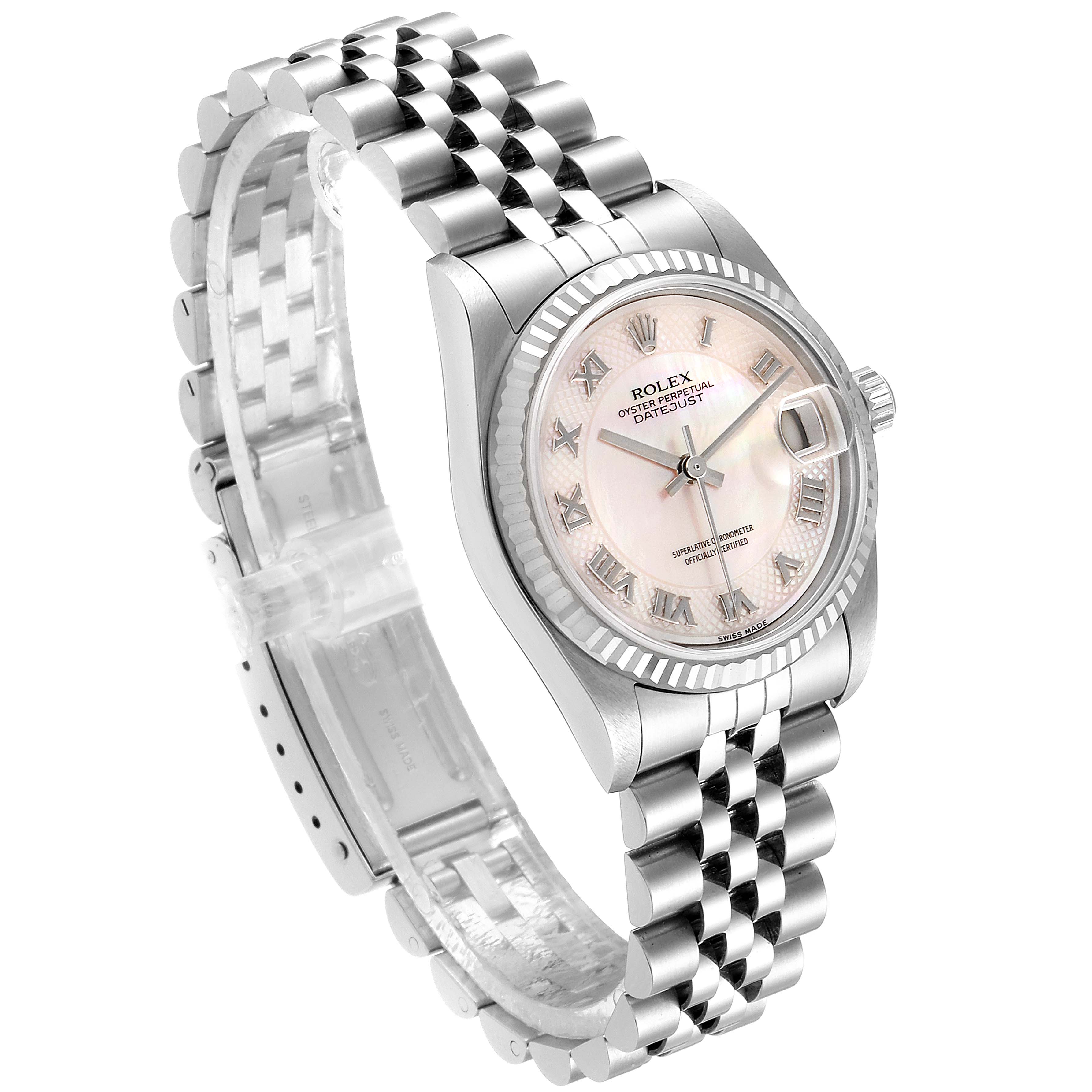 The image shows a Rolex Mid-Size 78274 Women
s Stainless Steel Mother of Pearl Dial 78274 Women
s Stainless Steel Mother of Pearl Dial Datejust watch from a three-quarter angle, highlighting its face, bezel, and Jubilee bracelet.