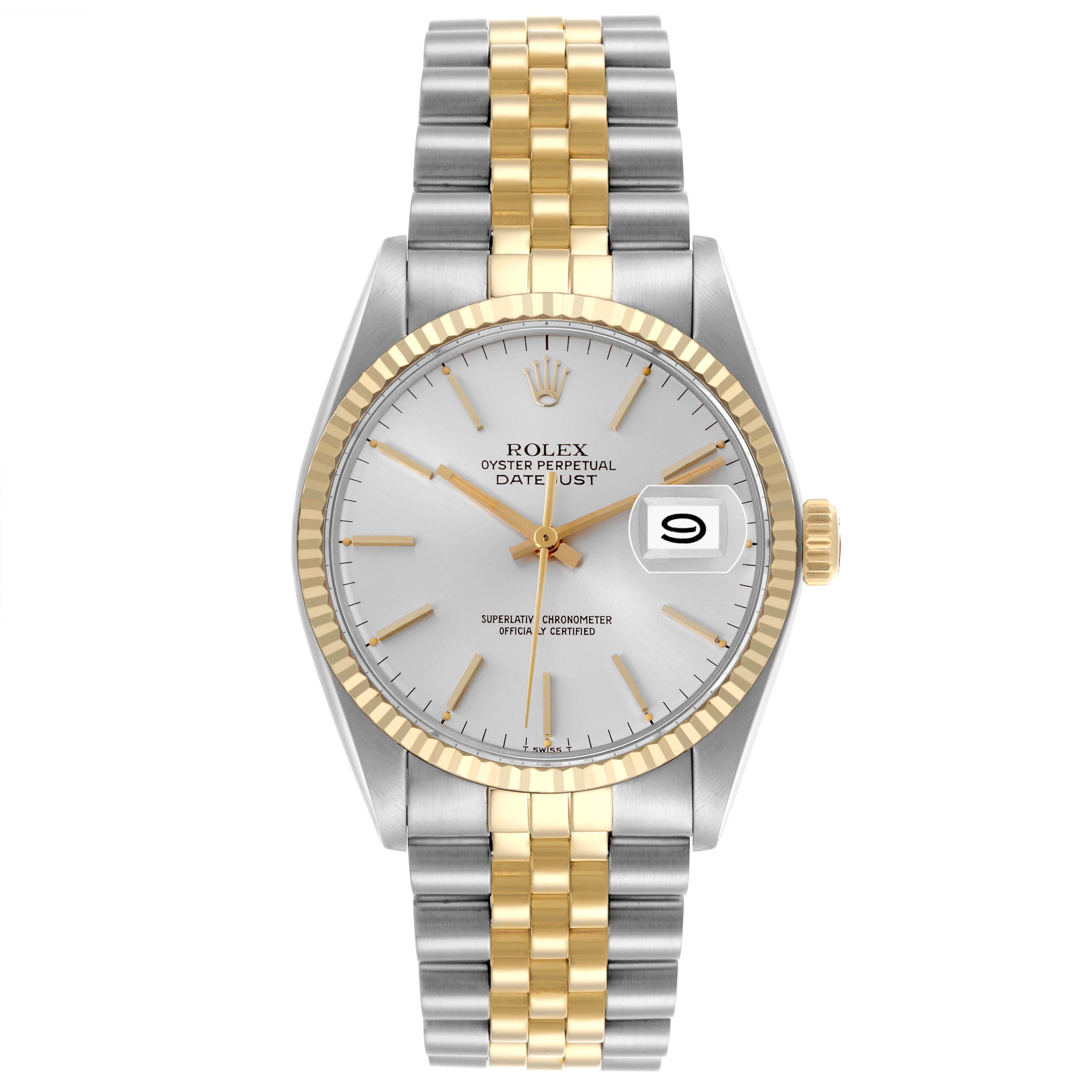 The Rolex Vintage Collection 16013 Men's Steel and Gold (two tone) Silver Dial 16013 Men's Steel and Gold (two tone) Silver Dial model is shown from the front, displaying the dial, bezel, crown, and part of the bracelet.