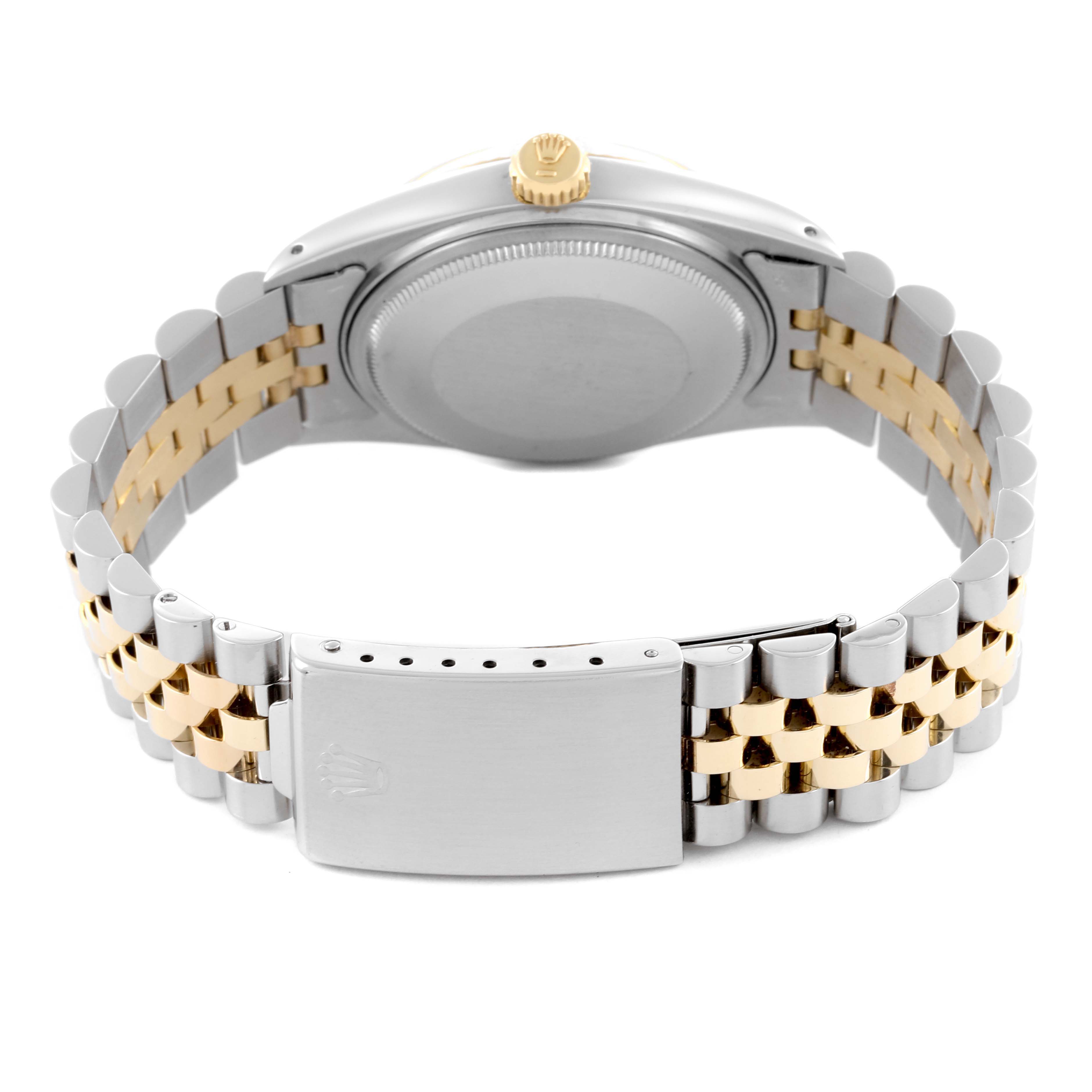 The Rolex Vintage Collection 16013 Men's Steel and Gold (two tone) Silver Dial 16013 Men's Steel and Gold (two tone) Silver Dial watch is shown from the back, displaying the clasp, case back, and two-tone bracelet.