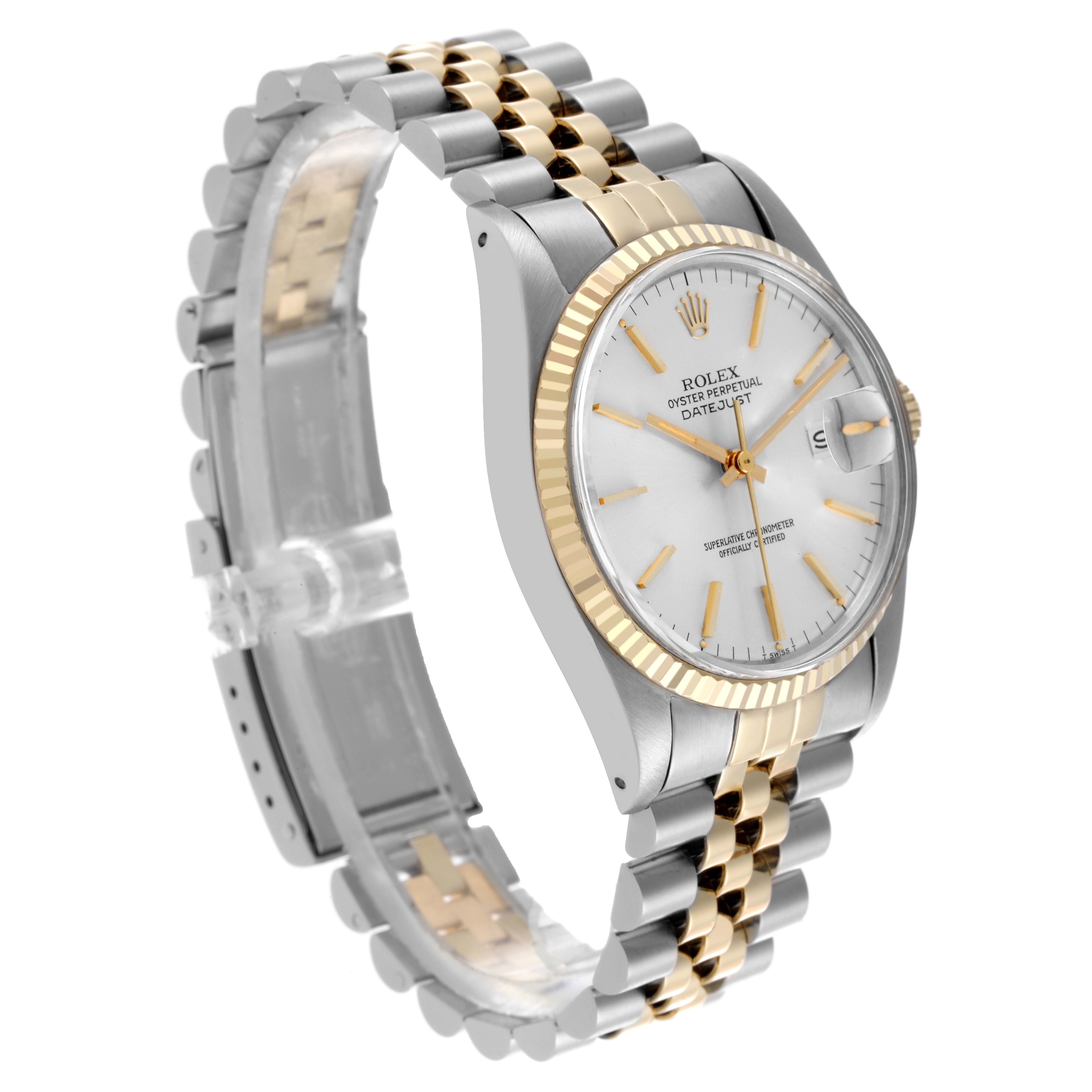 The Rolex Vintage Collection 16013 Men's Steel and Gold (two tone) Silver Dial 16013 Men's Steel and Gold (two tone) Silver Dial model is shown from a three-quarter angle, highlighting the face, bezel, and two-tone bracelet.