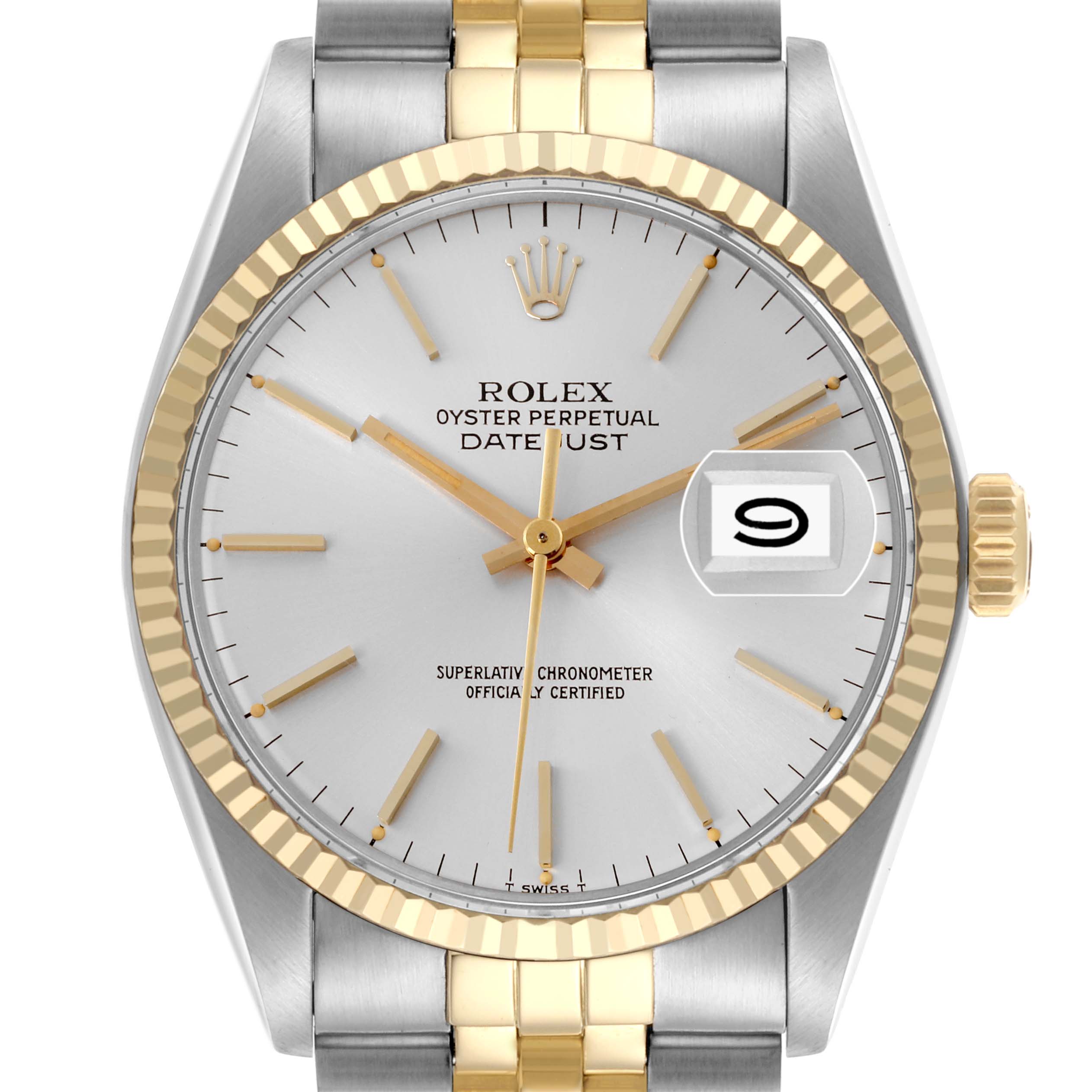 The Rolex Vintage Collection 16013 Men's Steel and Gold (two tone) Silver Dial 16013 Men's Steel and Gold (two tone) Silver Dial model is shown from the front, highlighting the face, bezel, indices, and part of the bracelet.