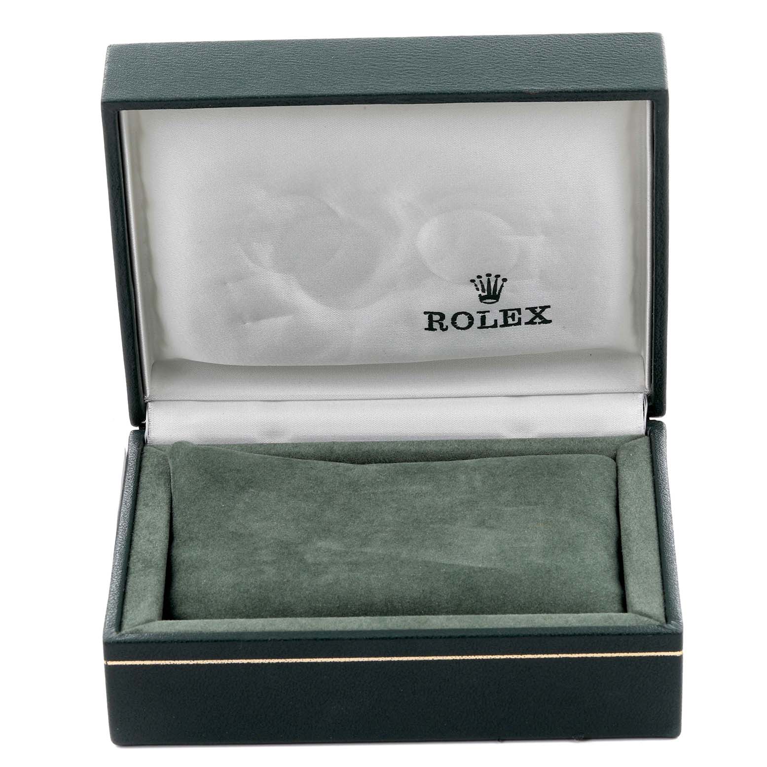 The image shows an open green box for a Rolex Vintage Collection 16013 Men's Steel and Gold (two tone) Silver Dial 16013 Men's Steel and Gold (two tone) Silver Dial watch, highlighting the interior lining and logo.