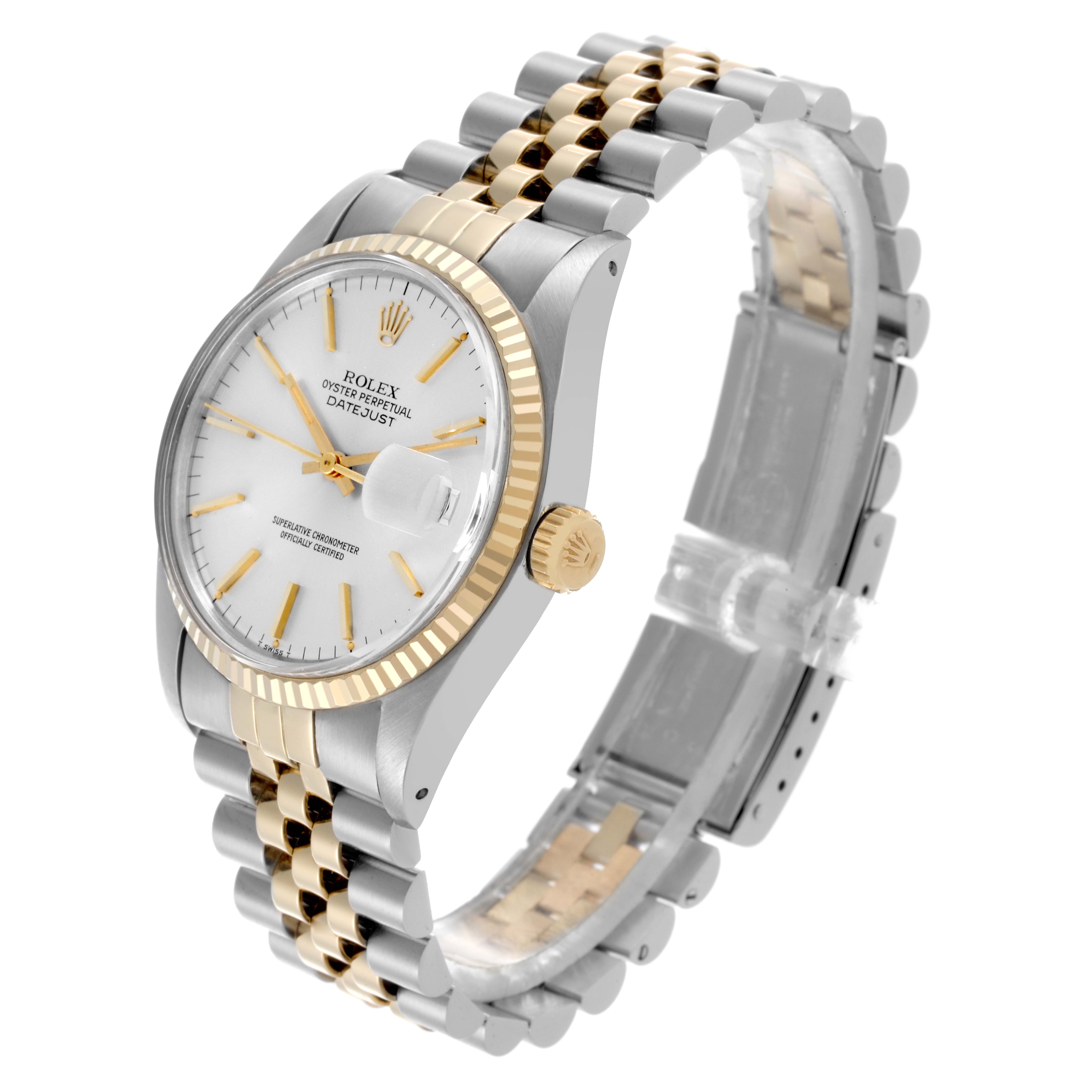The Rolex Vintage Collection 16013 Men's Steel and Gold (two tone) Silver Dial 16013 Men's Steel and Gold (two tone) Silver Dial watch is shown at an angle highlighting the face, bezel, and two-tone jubilee bracelet.