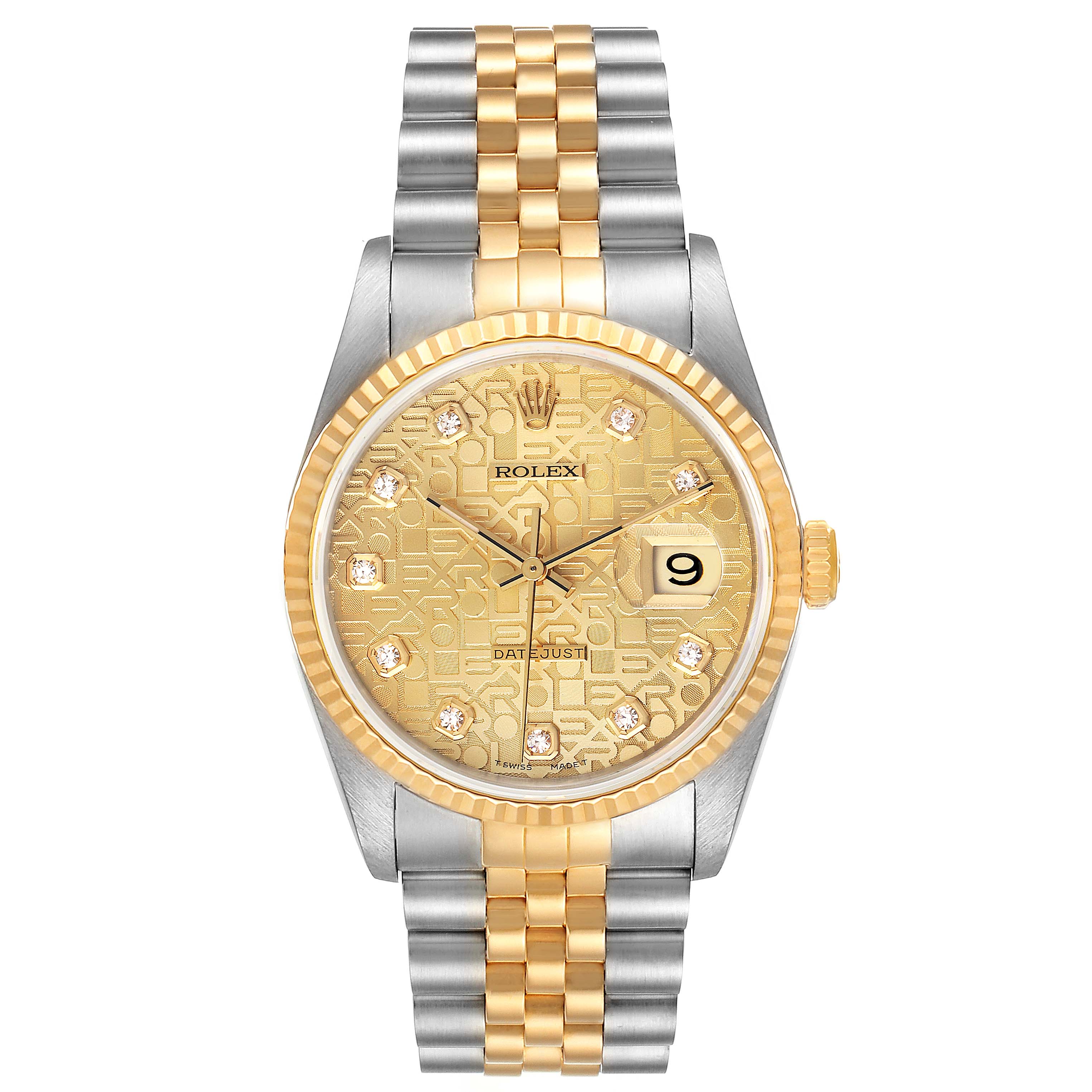 The image shows a front view of a Rolex Datejust 16233 Men's Steel and Gold (two tone) Champagne Dial 16233 Men's Steel and Gold (two tone) Champagne Dial watch featuring a gold and silver bracelet and a gold dial.