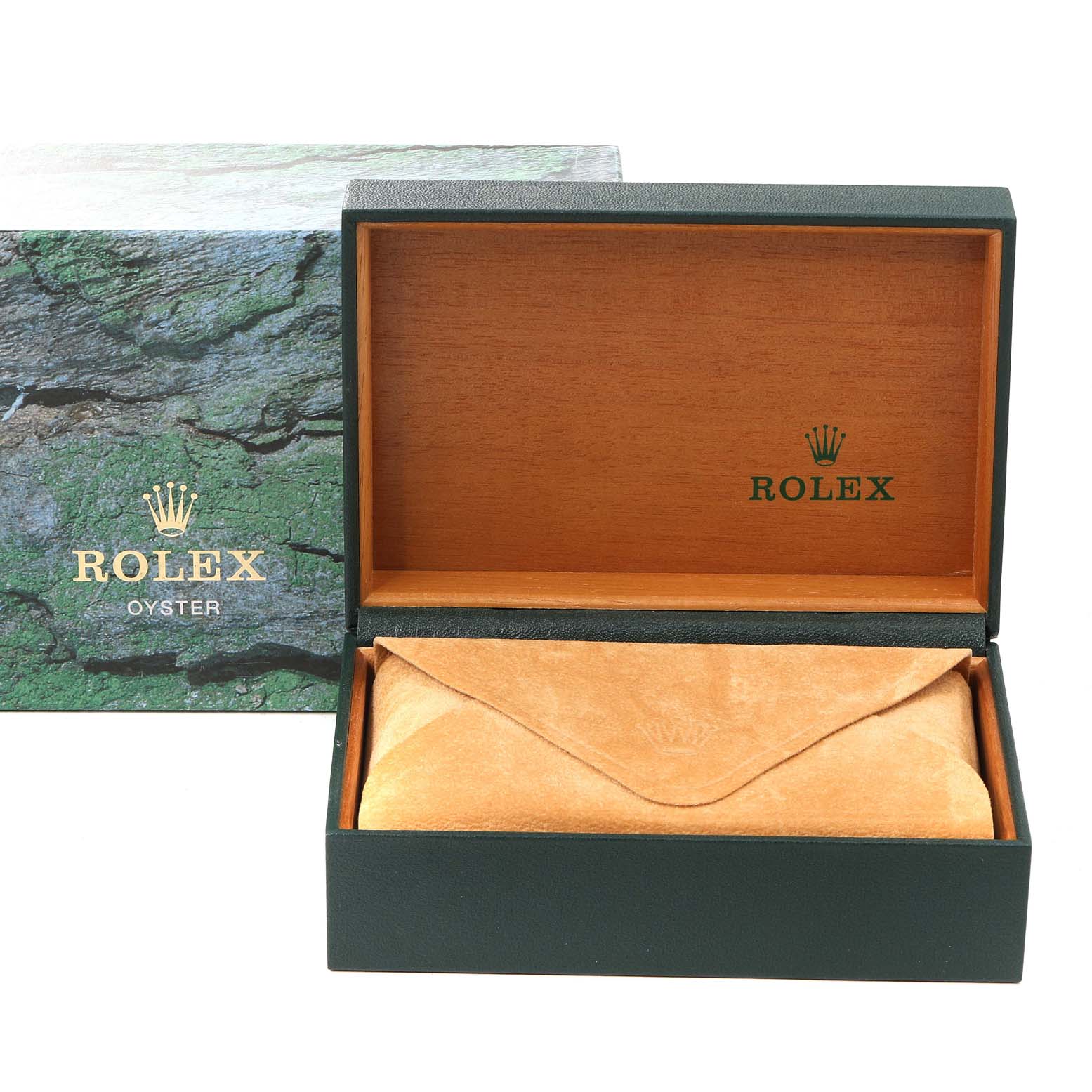 The image shows an open Rolex Datejust 16233 Men's Steel and Gold (two tone) Champagne Dial 16233 Men's Steel and Gold (two tone) Champagne Dial watch box and its leather pouch from a front angle.