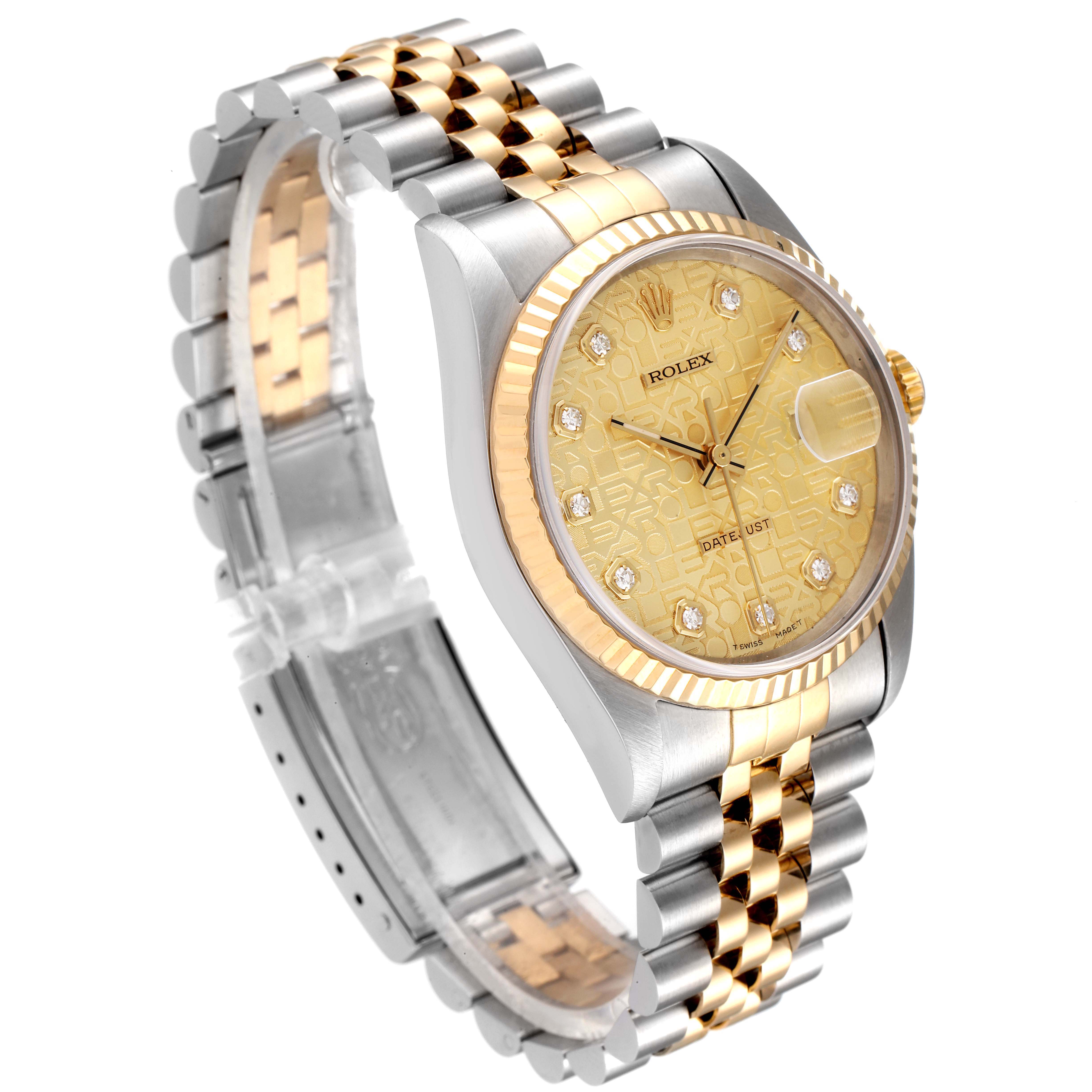 The Rolex Datejust 16233 Men's Steel and Gold (two tone) Champagne Dial 16233 Men's Steel and Gold (two tone) Champagne Dial watch is shown at a slight angle, highlighting its face, bezel, and two-tone bracelet.