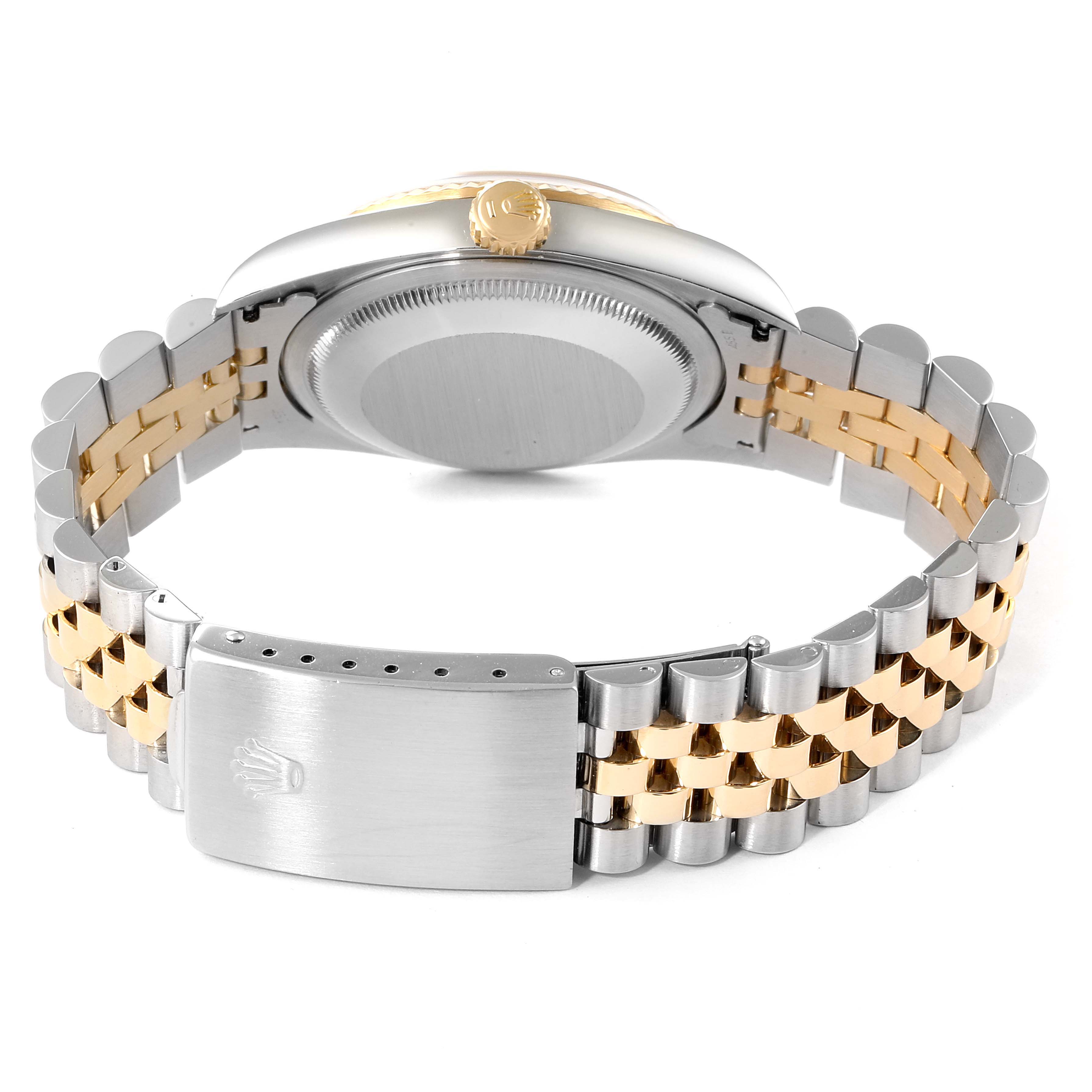 This image shows the back case and jubilee bracelet of a Rolex Datejust 16233 Men's Steel and Gold (two tone) Champagne Dial 16233 Men's Steel and Gold (two tone) Champagne Dial watch from a rear angle.