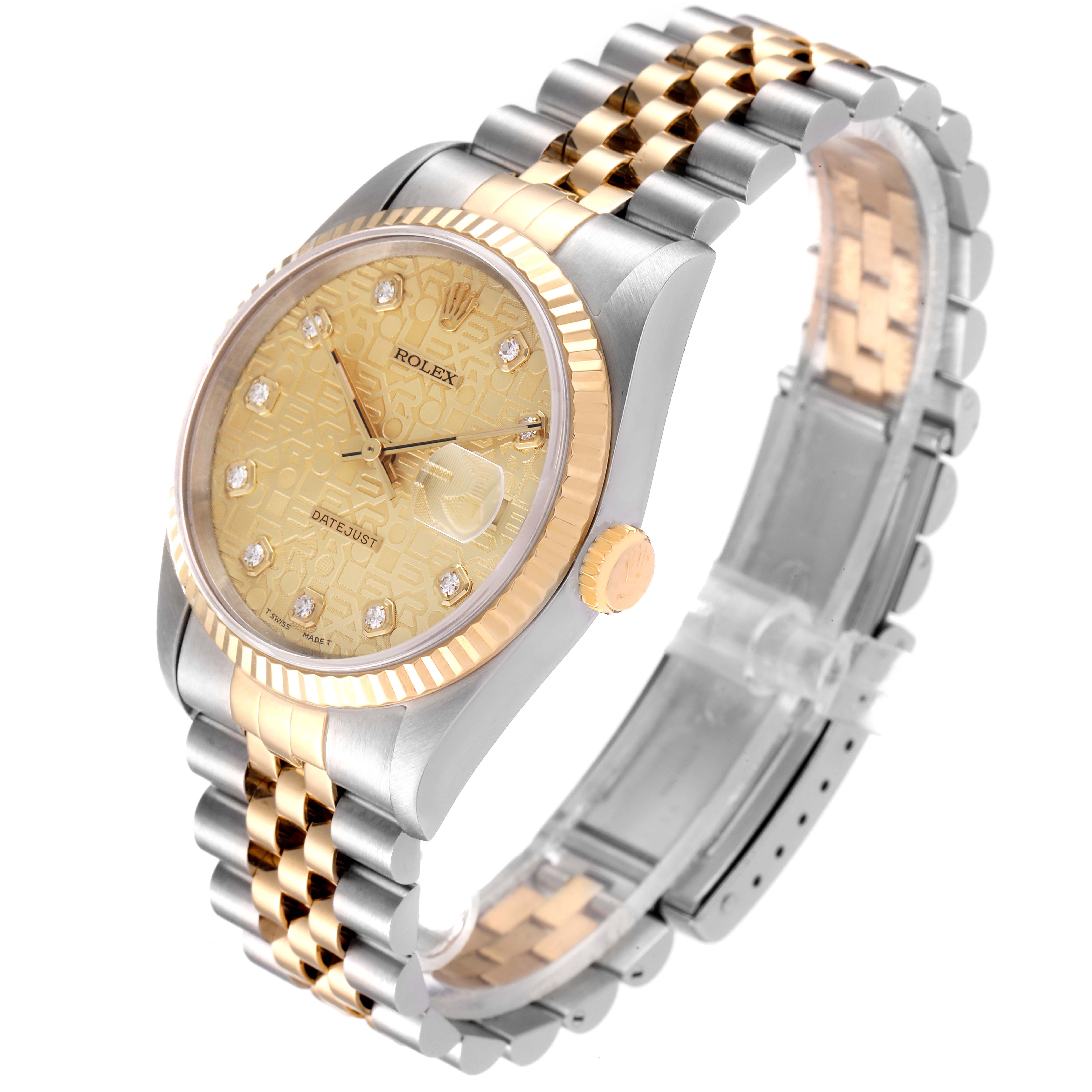 The image shows a Rolex Datejust 16233 Men's Steel and Gold (two tone) Champagne Dial 16233 Men's Steel and Gold (two tone) Champagne Dial model watch from a three-quarter angle, displaying the dial, bezel, crown, and Jubilee bracelet.