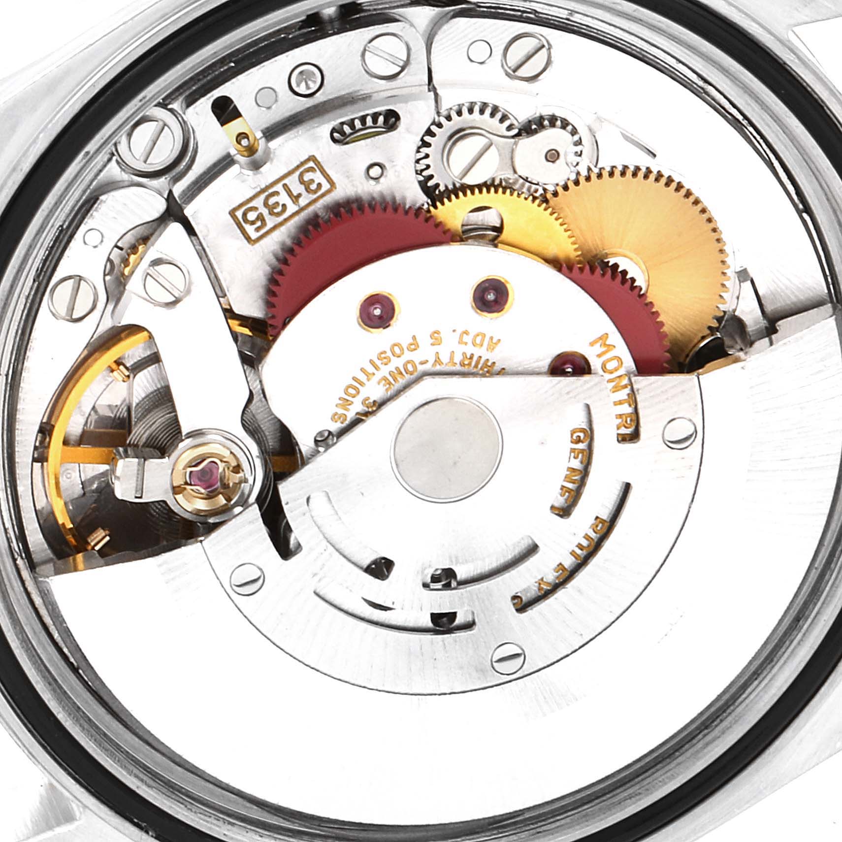 The image shows the intricate internal mechanism and movement of a Rolex Datejust 16233 Men's Steel and Gold (two tone) Champagne Dial 16233 Men's Steel and Gold (two tone) Champagne Dial watch viewed from the back.