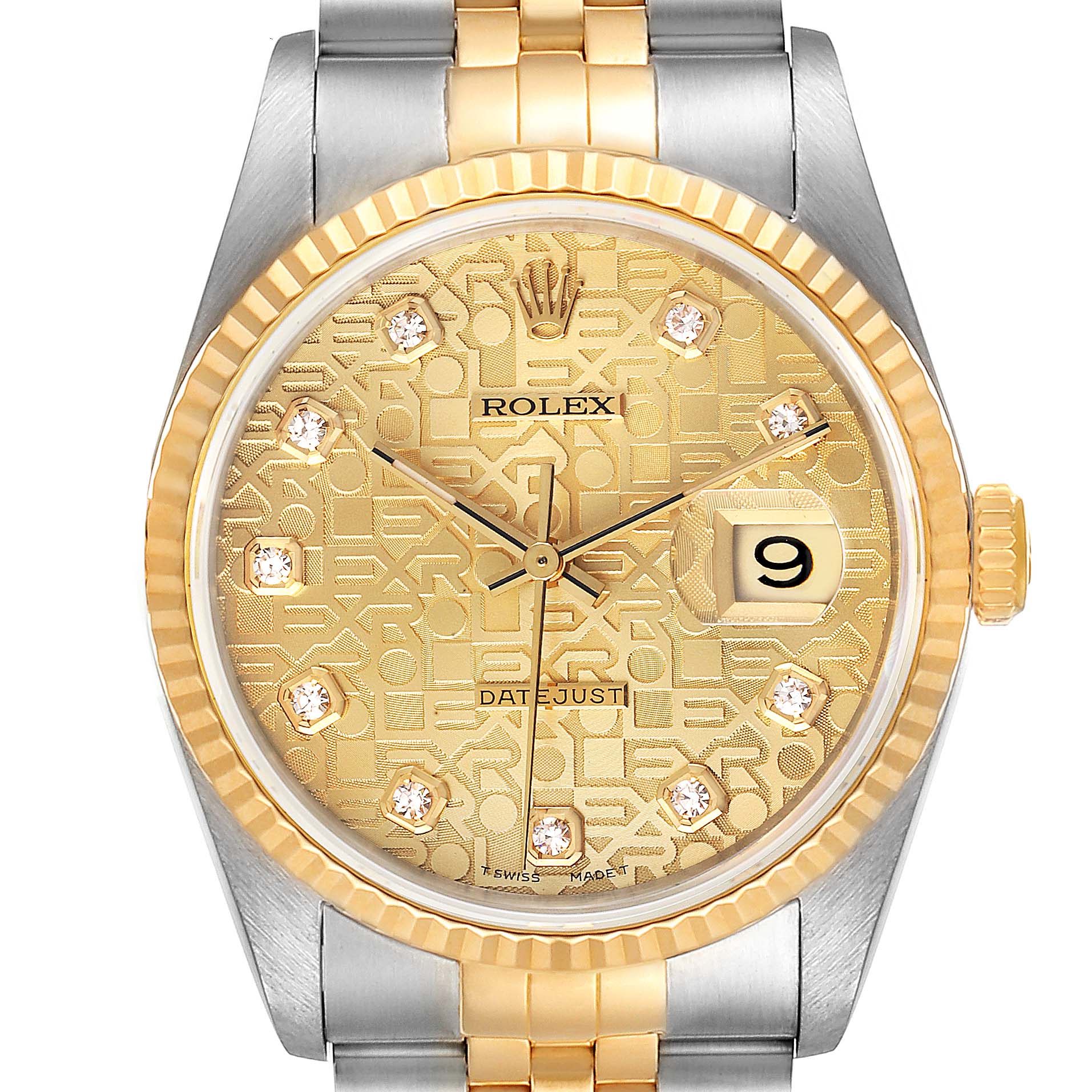 The image shows a close-up, front angle of the Rolex Datejust 16233 Men's Steel and Gold (two tone) Champagne Dial 16233 Men's Steel and Gold (two tone) Champagne Dial watch, highlighting the face, bezel, and part of the band.