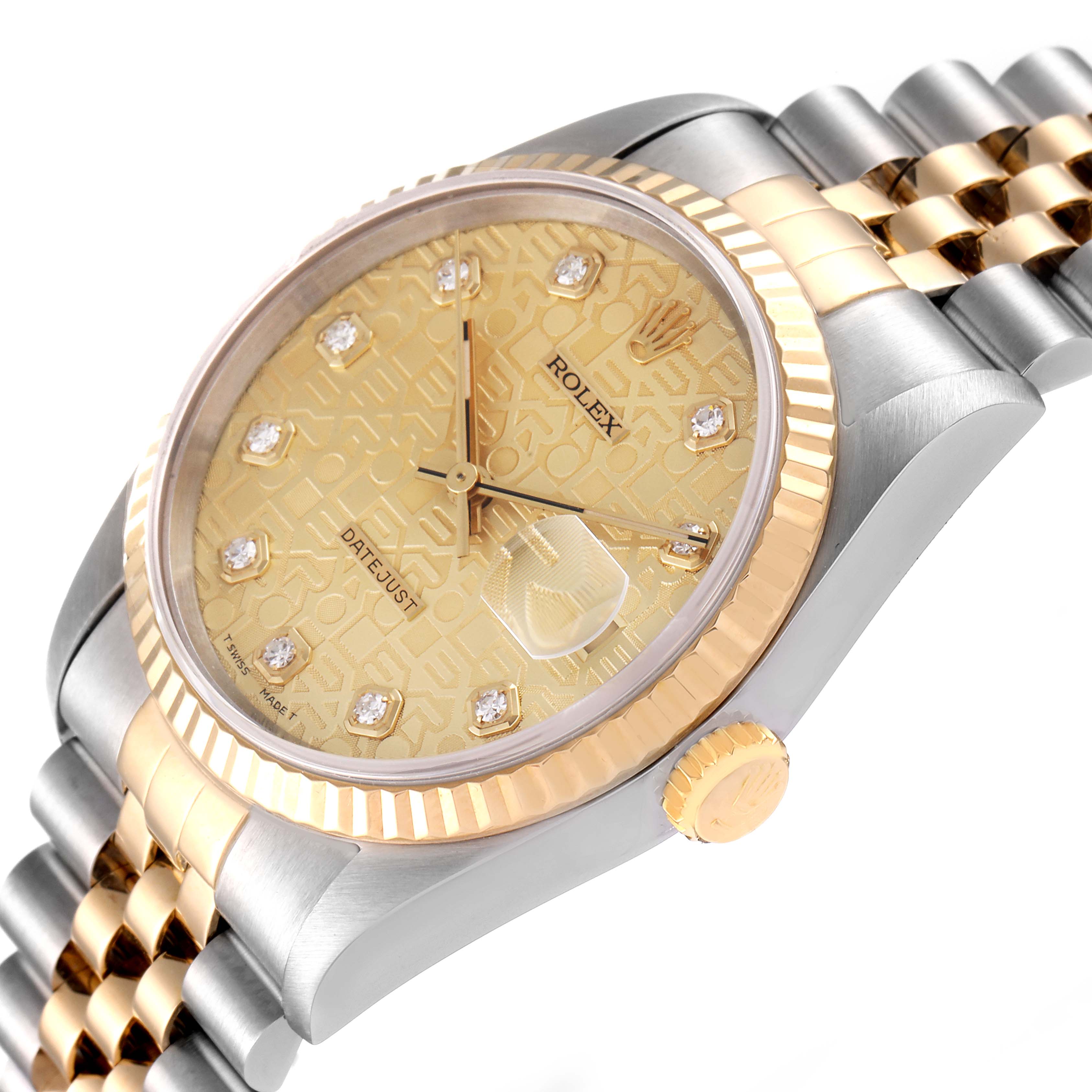 The image shows an angled close-up of a Rolex Datejust 16233 Men's Steel and Gold (two tone) Champagne Dial 16233 Men's Steel and Gold (two tone) Champagne Dial watch, highlighting its gold and silver fluted bezel, dial, and part of the bracelet.