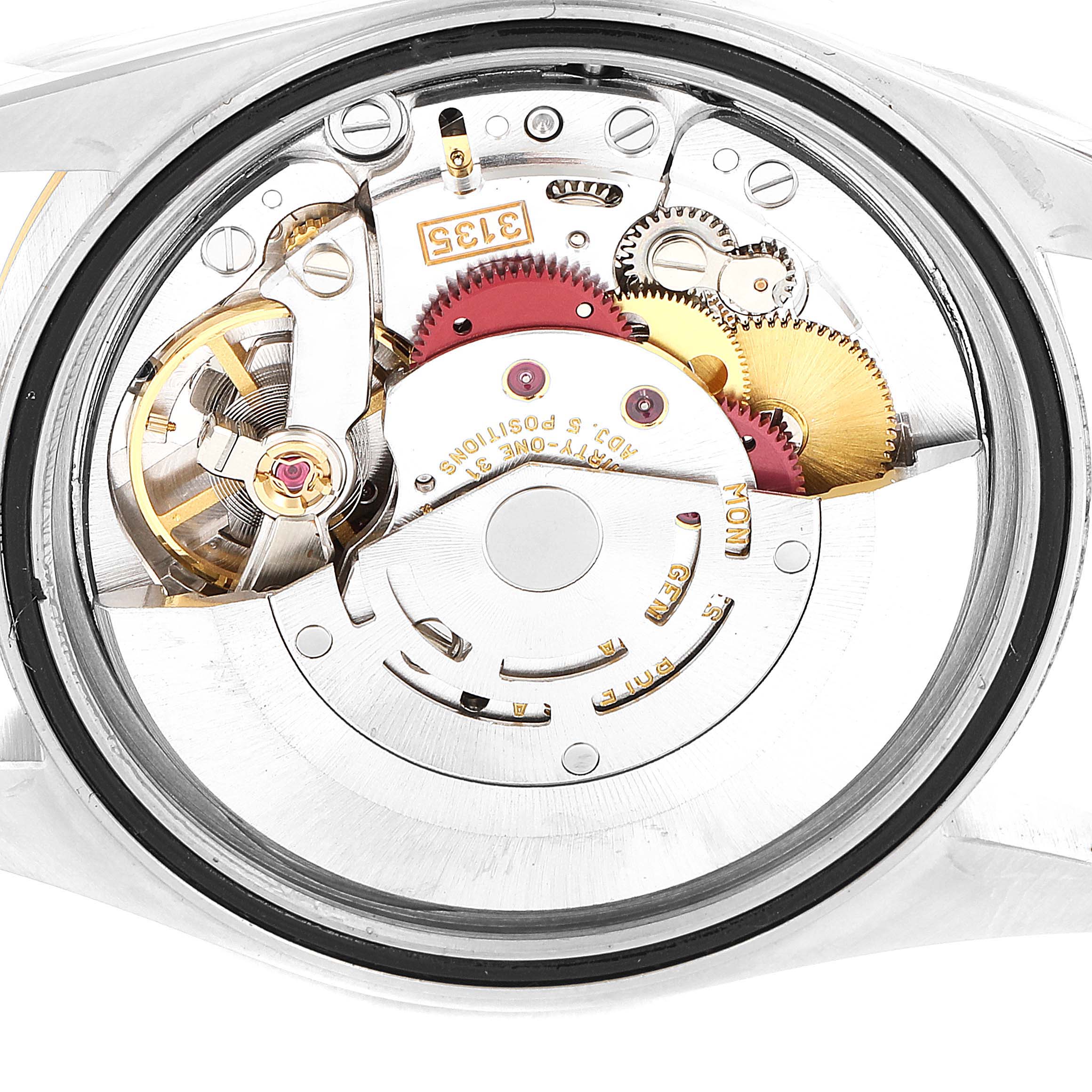 This image shows the internal mechanics and movement of a Rolex Datejust 16233 Men's Steel and Gold (two tone) Black Dial 16233 Men's Steel and Gold (two tone) Black Dial watch, viewed from the back.
