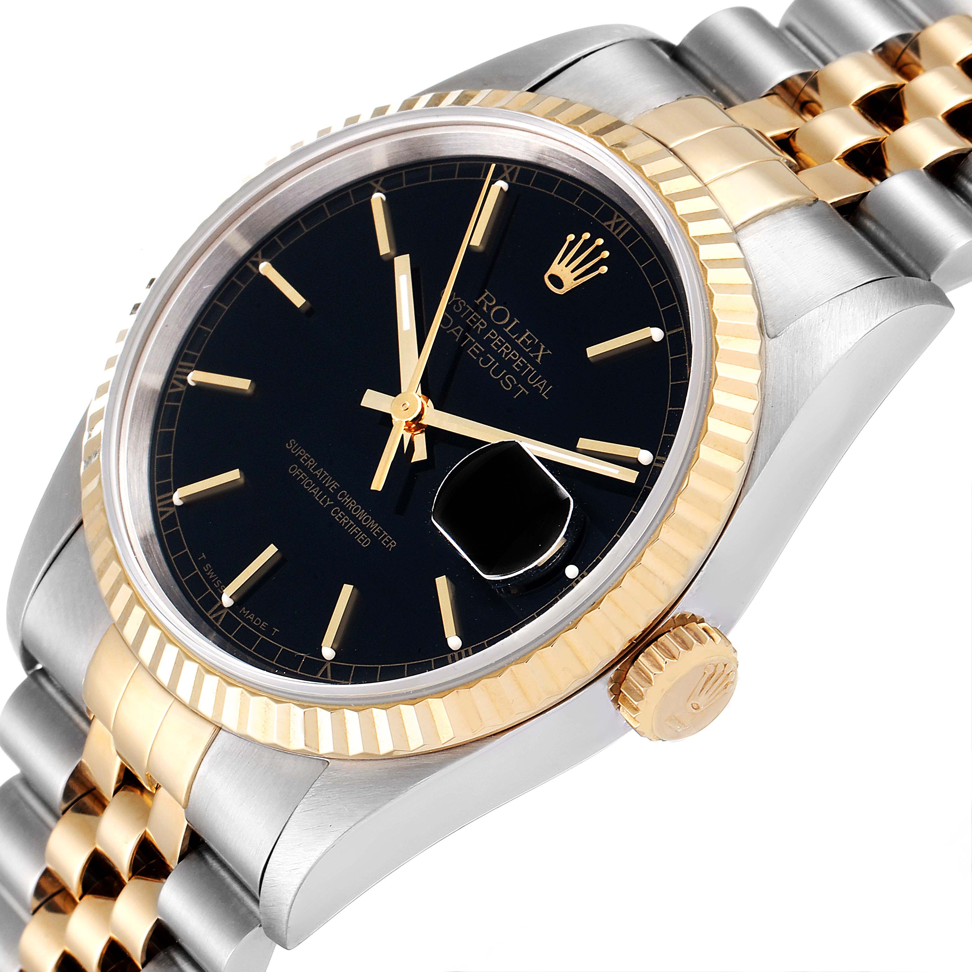 The image shows a close-up angled view of the Rolex Datejust 16233 Men's Steel and Gold (two tone) Black Dial 16233 Men's Steel and Gold (two tone) Black Dial watch, highlighting its dial, bezel, crown, and part of the bracelet.
