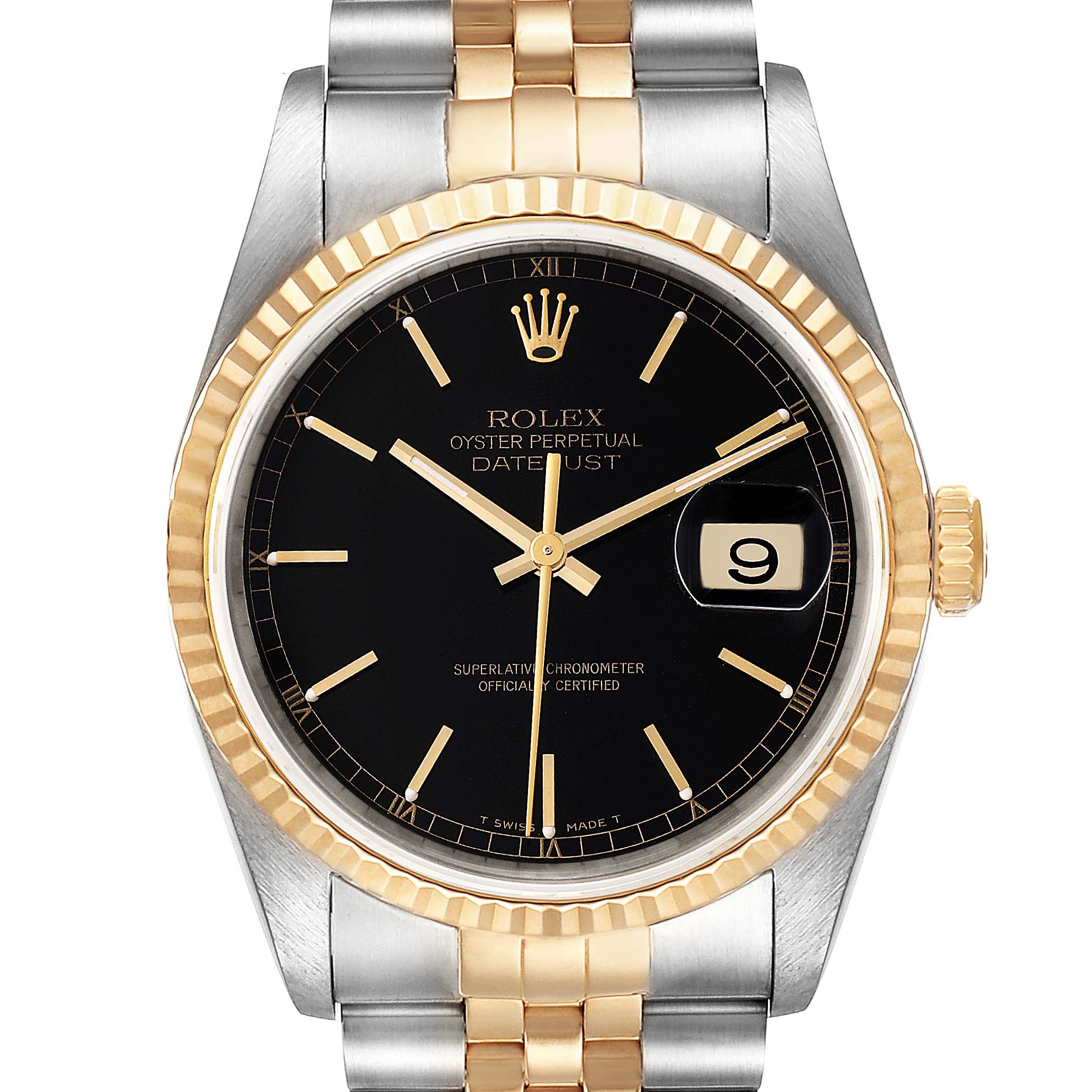 This Rolex Datejust 16233 Men's Steel and Gold (two tone) Black Dial 16233 Men's Steel and Gold (two tone) Black Dial watch is shown from the front, displaying its dial, bezel, and part of the bracelet.