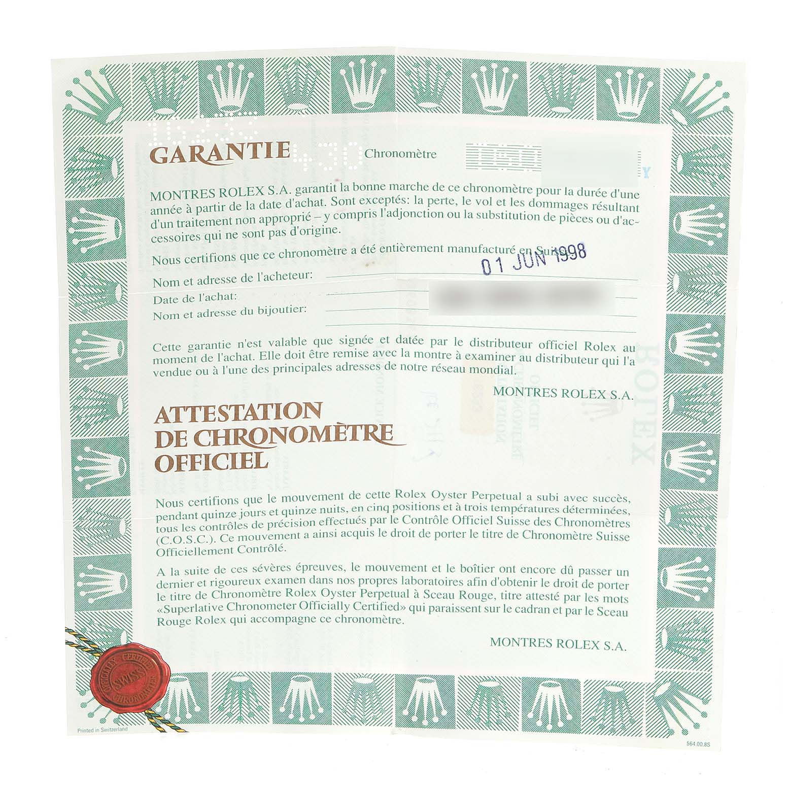 This is the warranty certificate for the Rolex Datejust 16233 Men's Steel and Gold (two tone) Black Dial 16233 Men's Steel and Gold (two tone) Black Dial model, featuring a green border with the Rolex crown logo.