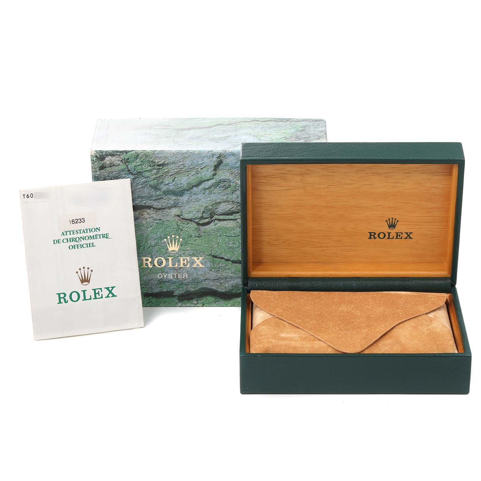 The image shows a Rolex Datejust 16233 Men's Steel and Gold (two tone) Black Dial 16233 Men's Steel and Gold (two tone) Black Dial box, a Rolex manual, and an oyster outer box.