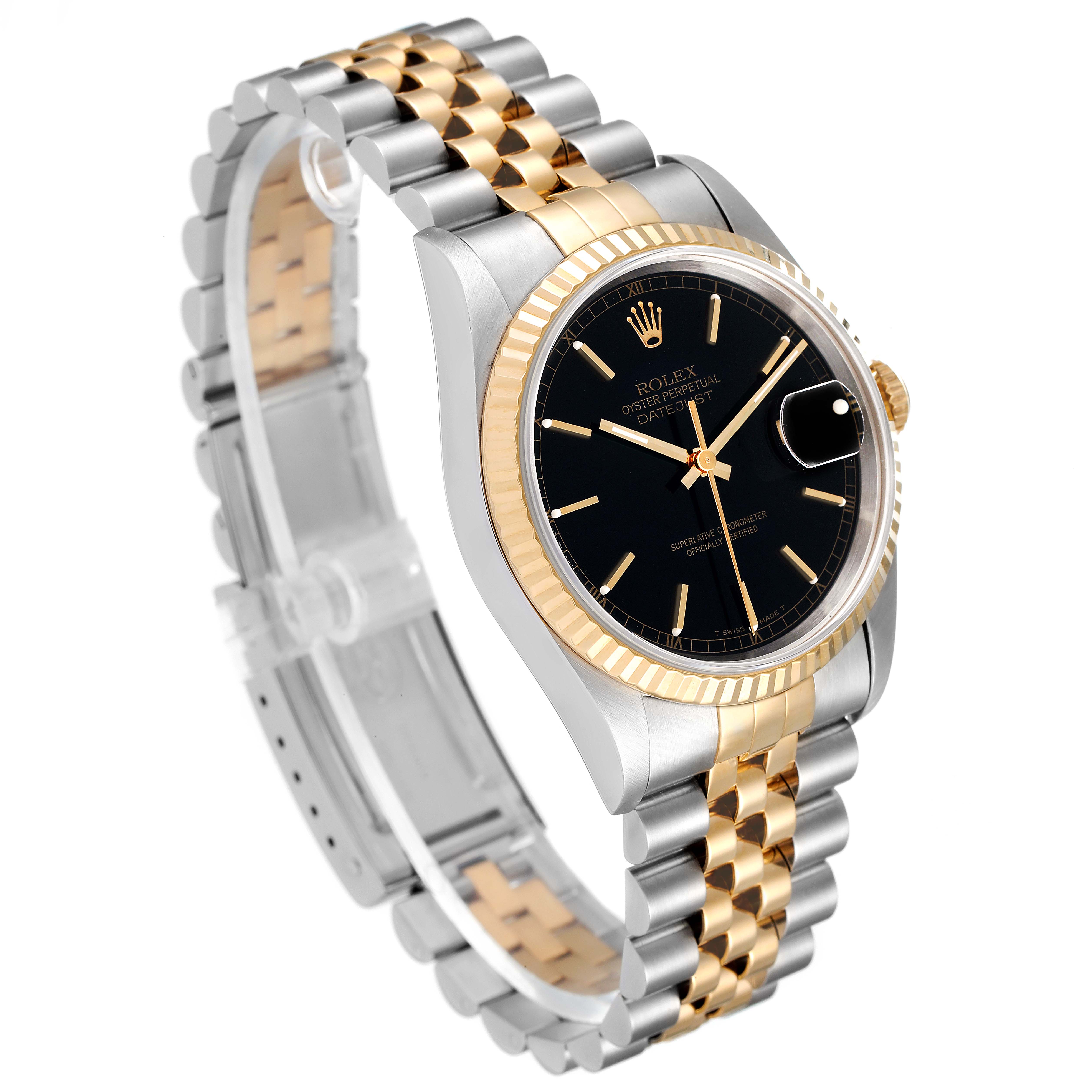 The image shows a side angle of a Rolex Datejust 16233 Men's Steel and Gold (two tone) Black Dial 16233 Men's Steel and Gold (two tone) Black Dial watch, highlighting the two-tone bracelet, black dial, and date magnifier.