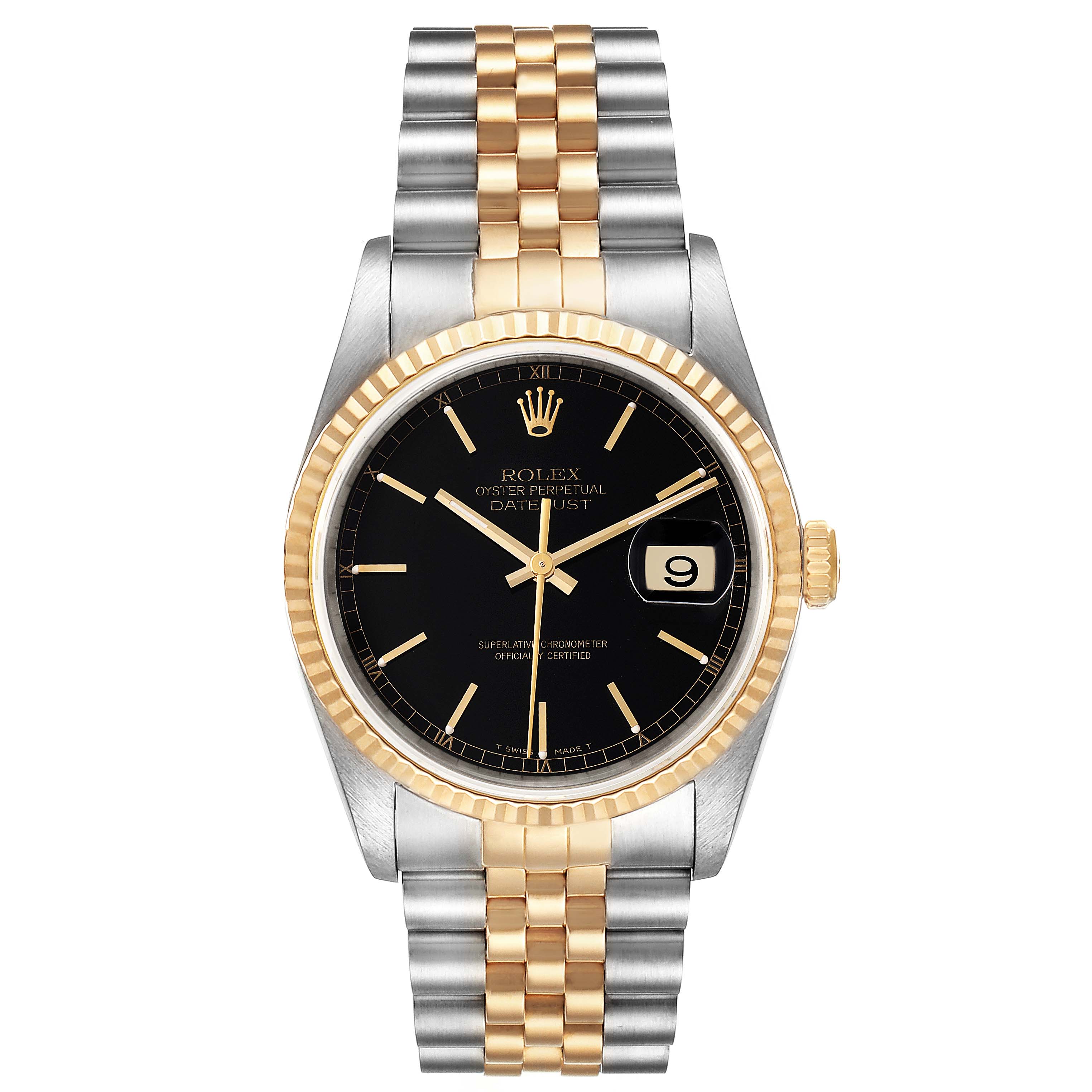 The image shows a front view of a Rolex Datejust 16233 Men's Steel and Gold (two tone) Black Dial 16233 Men's Steel and Gold (two tone) Black Dial watch, featuring a black dial, gold fluted bezel, and two-tone bracelet.