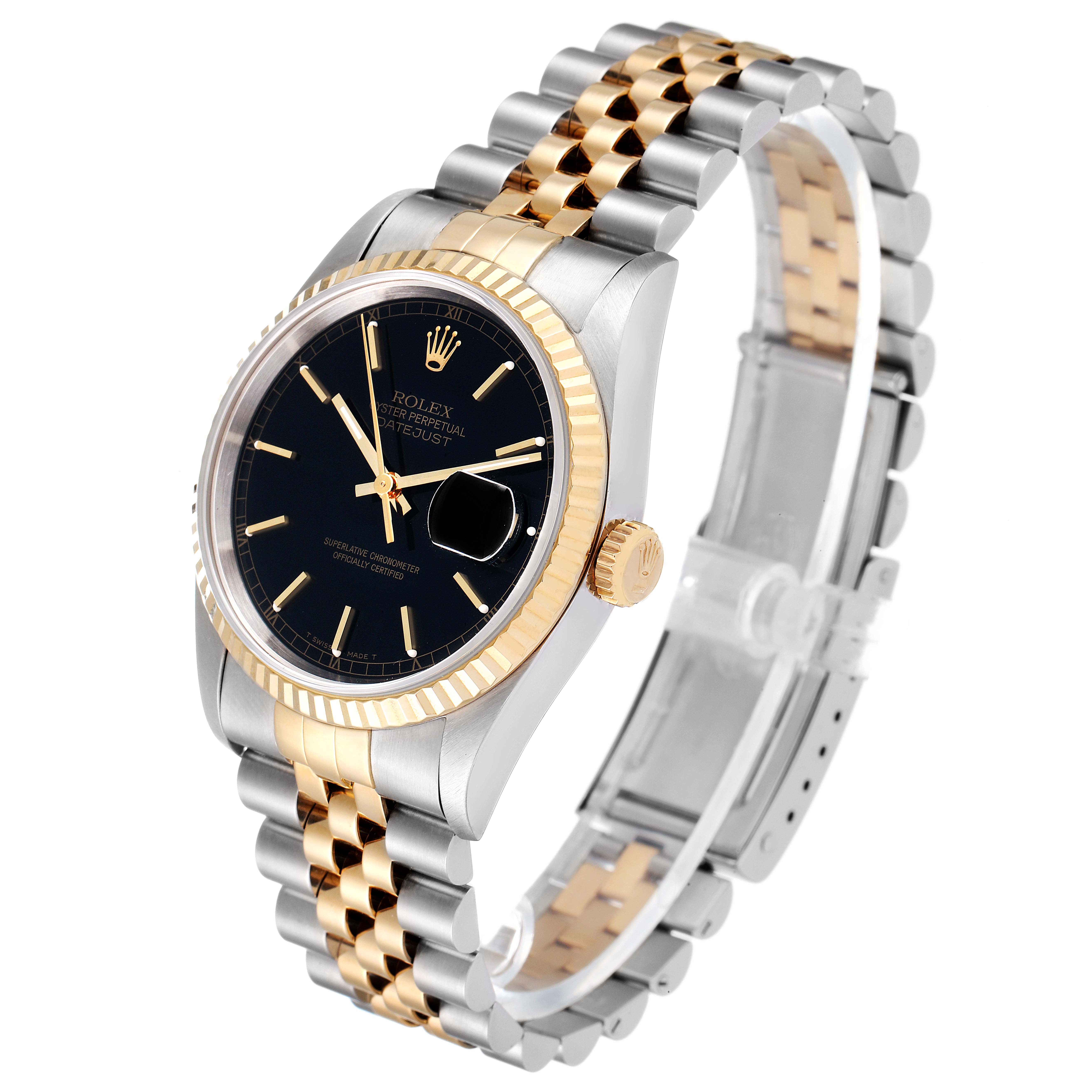 This image shows a side-angle view of a Rolex Datejust 16233 Men's Steel and Gold (two tone) Black Dial 16233 Men's Steel and Gold (two tone) Black Dial watch, highlighting the bezel, crown, dial, and two-tone bracelet.