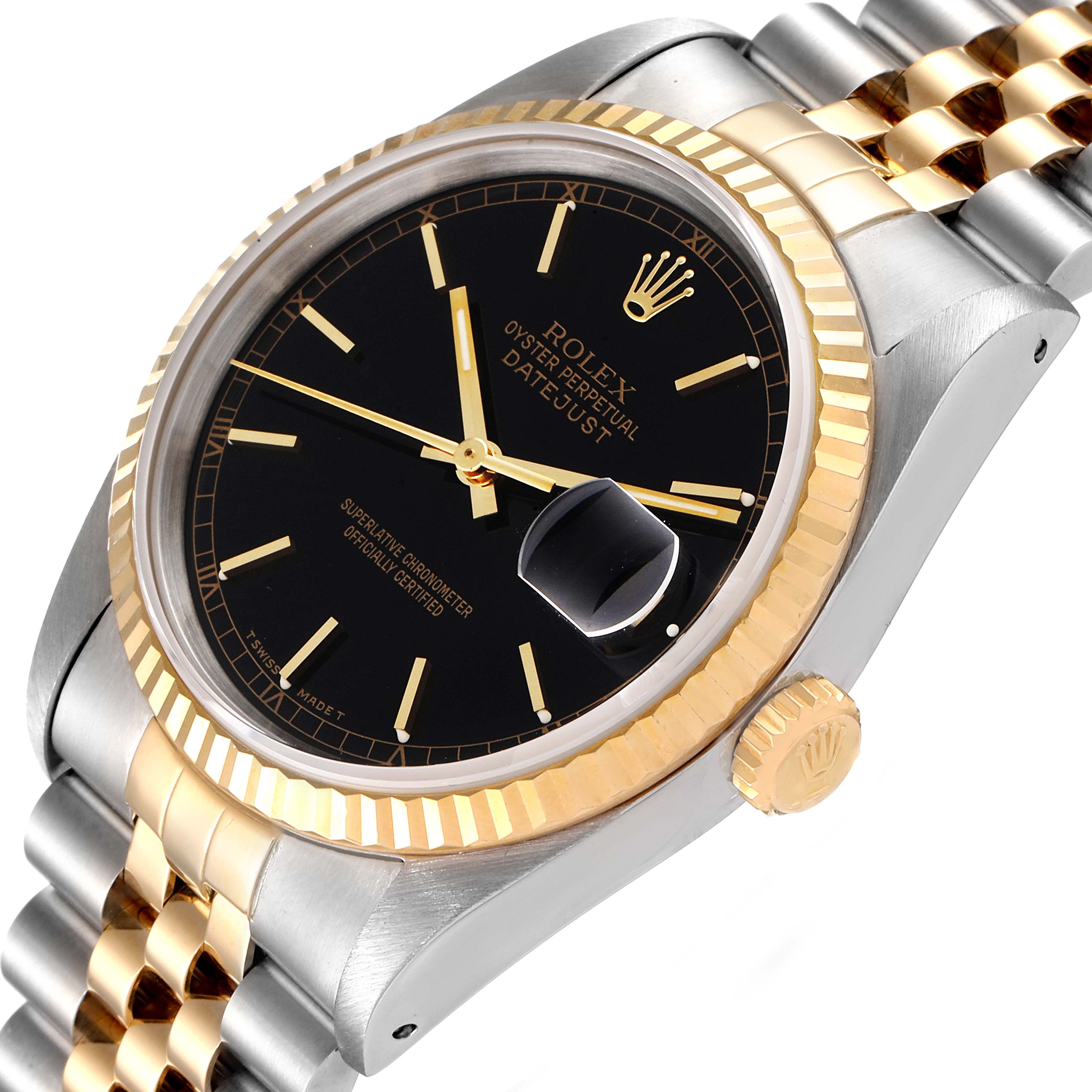 This image shows a side angle of a Rolex Datejust 16233 Men's Steel and Gold (two tone) Black Dial 16233 Men's Steel and Gold (two tone) Black Dial watch, highlighting the two-tone bracelet, black dial, bezel, and crown.