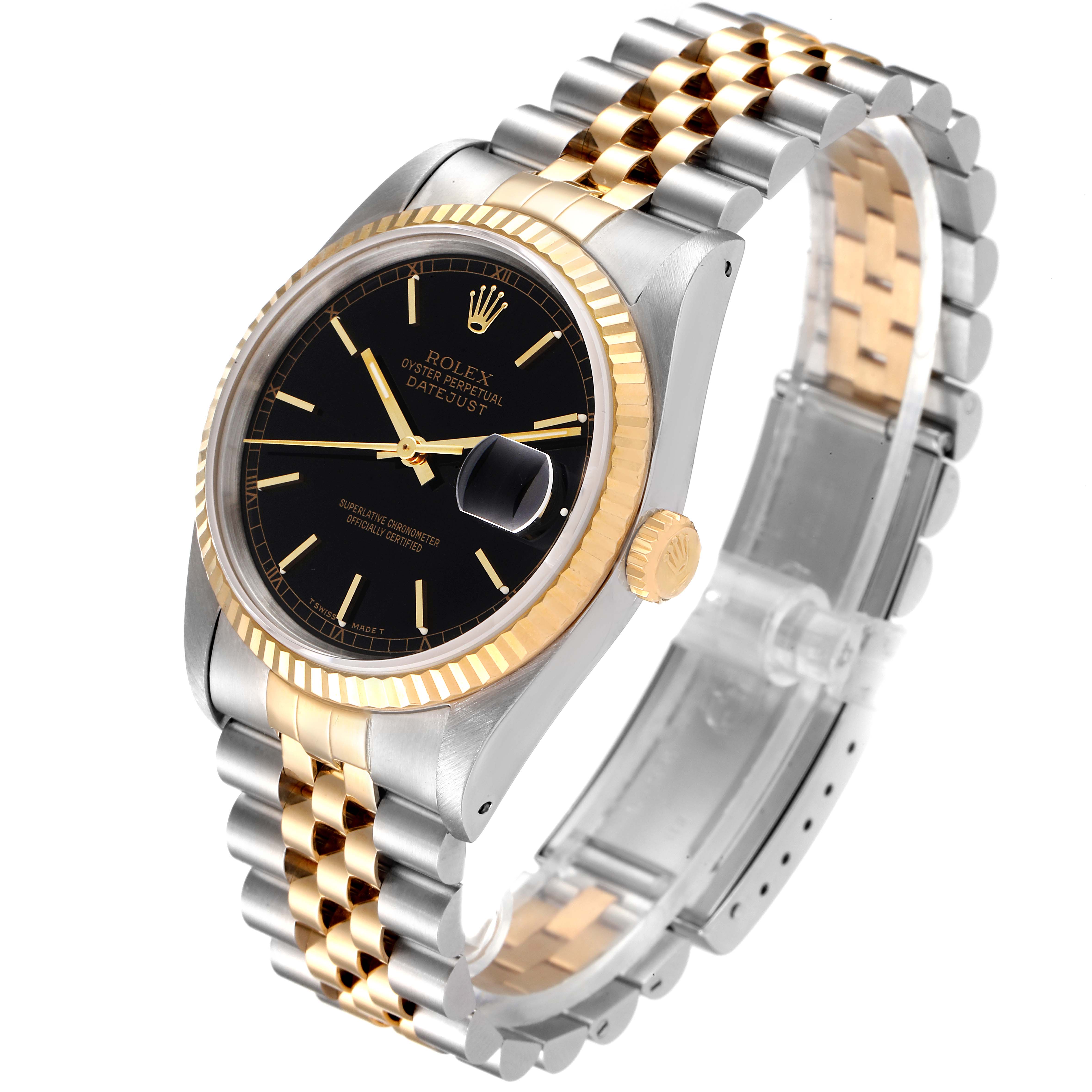 This image shows a Rolex Datejust 16233 Men's Steel and Gold (two tone) Black Dial 16233 Men's Steel and Gold (two tone) Black Dial watch at a three-quarter angle, featuring the dial, bezel, and bracelet.