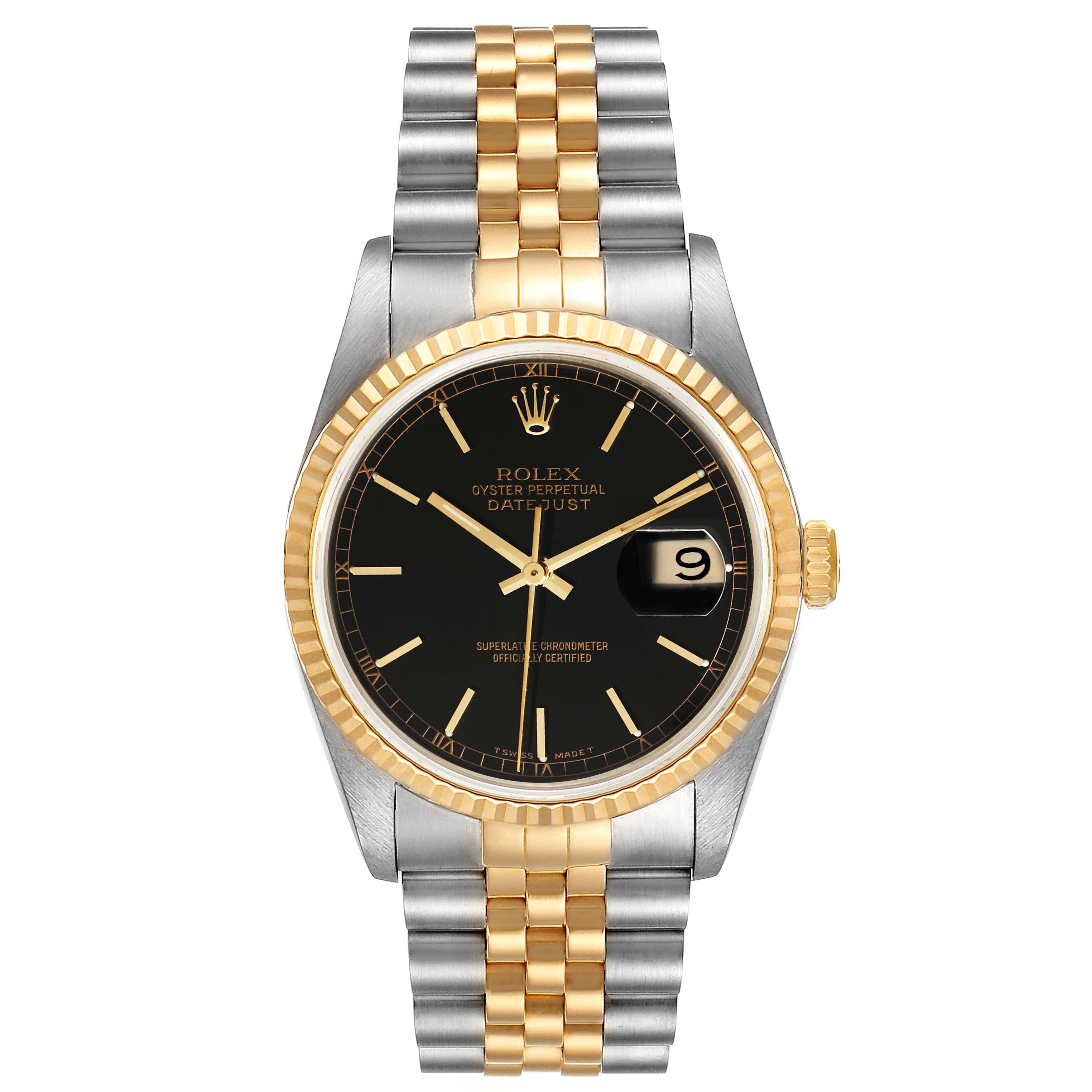 This image shows a frontal view of a Rolex Datejust 16233 Men's Steel and Gold (two tone) Black Dial 16233 Men's Steel and Gold (two tone) Black Dial watch, featuring its black dial, date window, two-tone band, and fluted bezel.