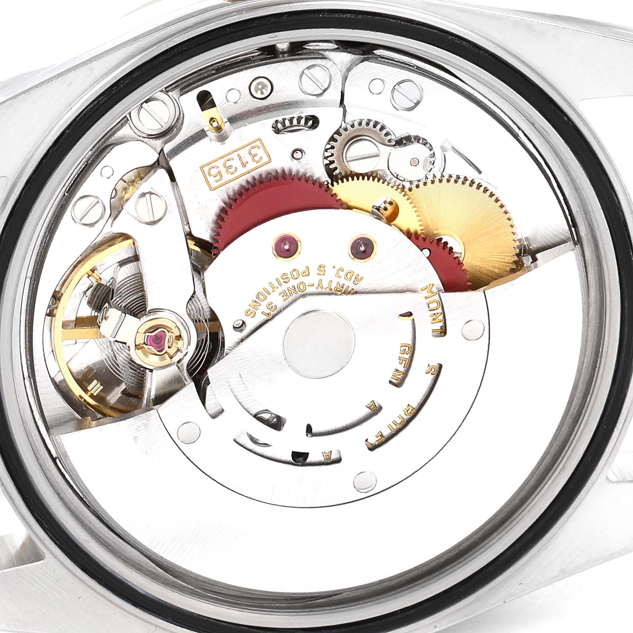This image shows the internal mechanism of a Rolex Datejust 16233 Men's Steel and Gold (two tone) Black Dial 16233 Men's Steel and Gold (two tone) Black Dial watch from a close-up, top-down angle.