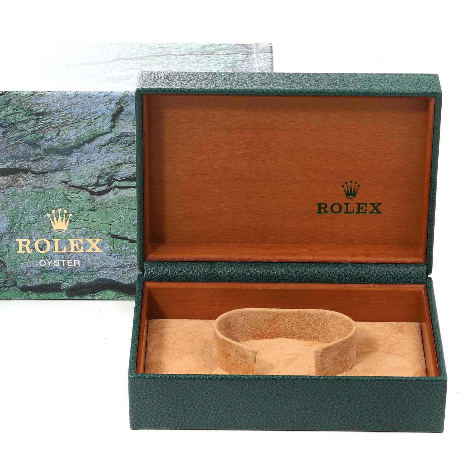 This image shows an open Rolex Datejust 16233 Men's Steel and Gold (two tone) Black Dial 16233 Men's Steel and Gold (two tone) Black Dial watch box with green exterior and wooden interior.