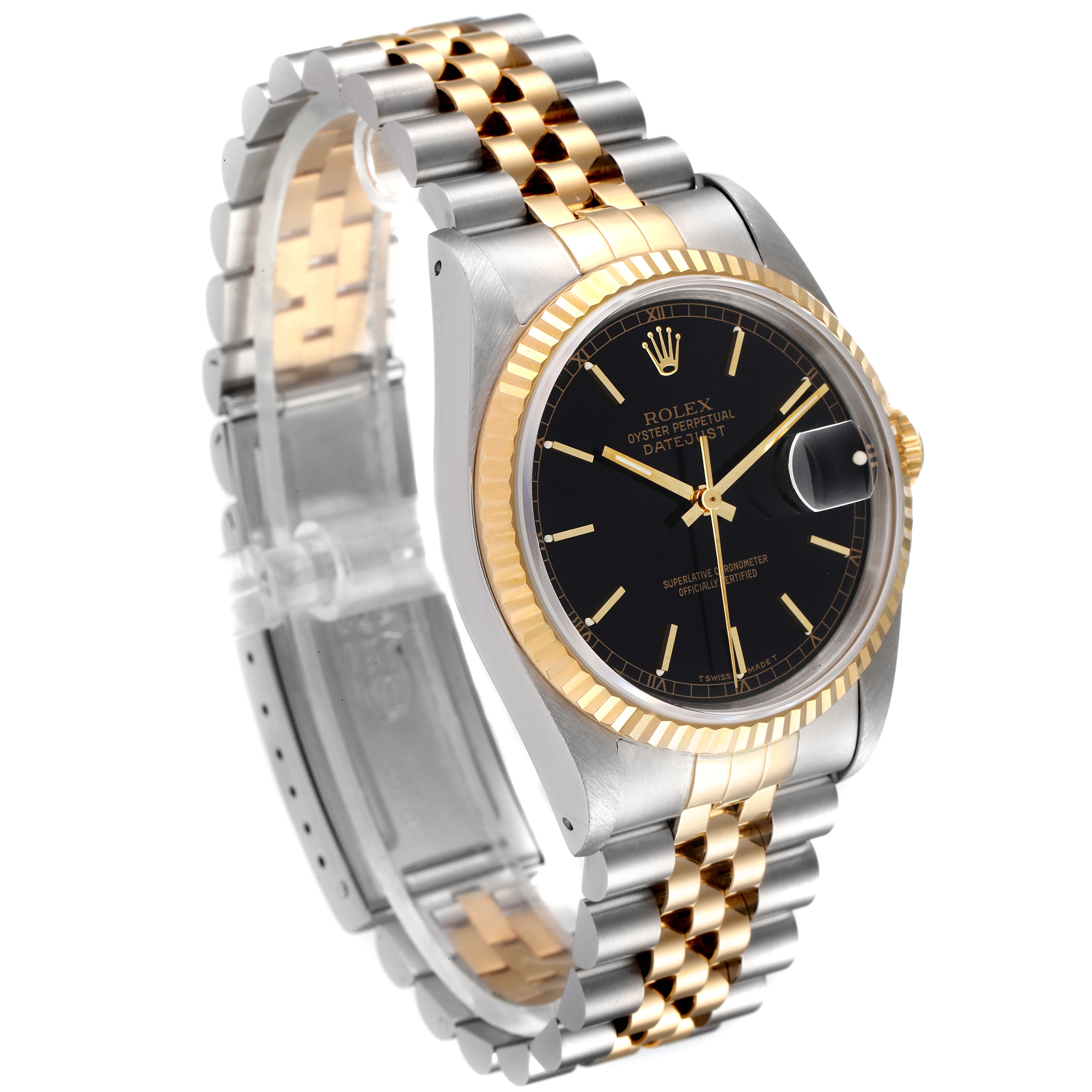 This Rolex Datejust 16233 Men's Steel and Gold (two tone) Black Dial 16233 Men's Steel and Gold (two tone) Black Dial watch is shown at an angled view, highlighting its black dial, gold fluted bezel, and two-tone bracelet.