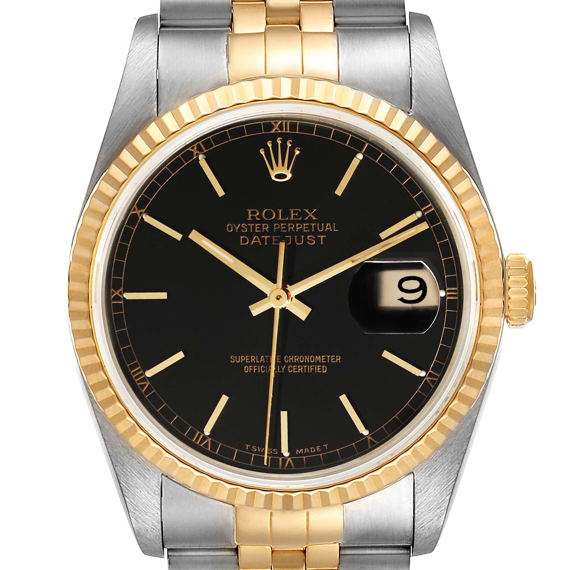 The image shows a front view of a Rolex Datejust 16233 Men's Steel and Gold (two tone) Black Dial 16233 Men's Steel and Gold (two tone) Black Dial watch, highlighting the black dial, gold bezel, and two-tone bracelet.