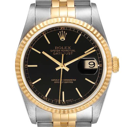 Photo of Rolex Datejust Black Dial Steel Yellow Gold Mens Watch 16233 Box