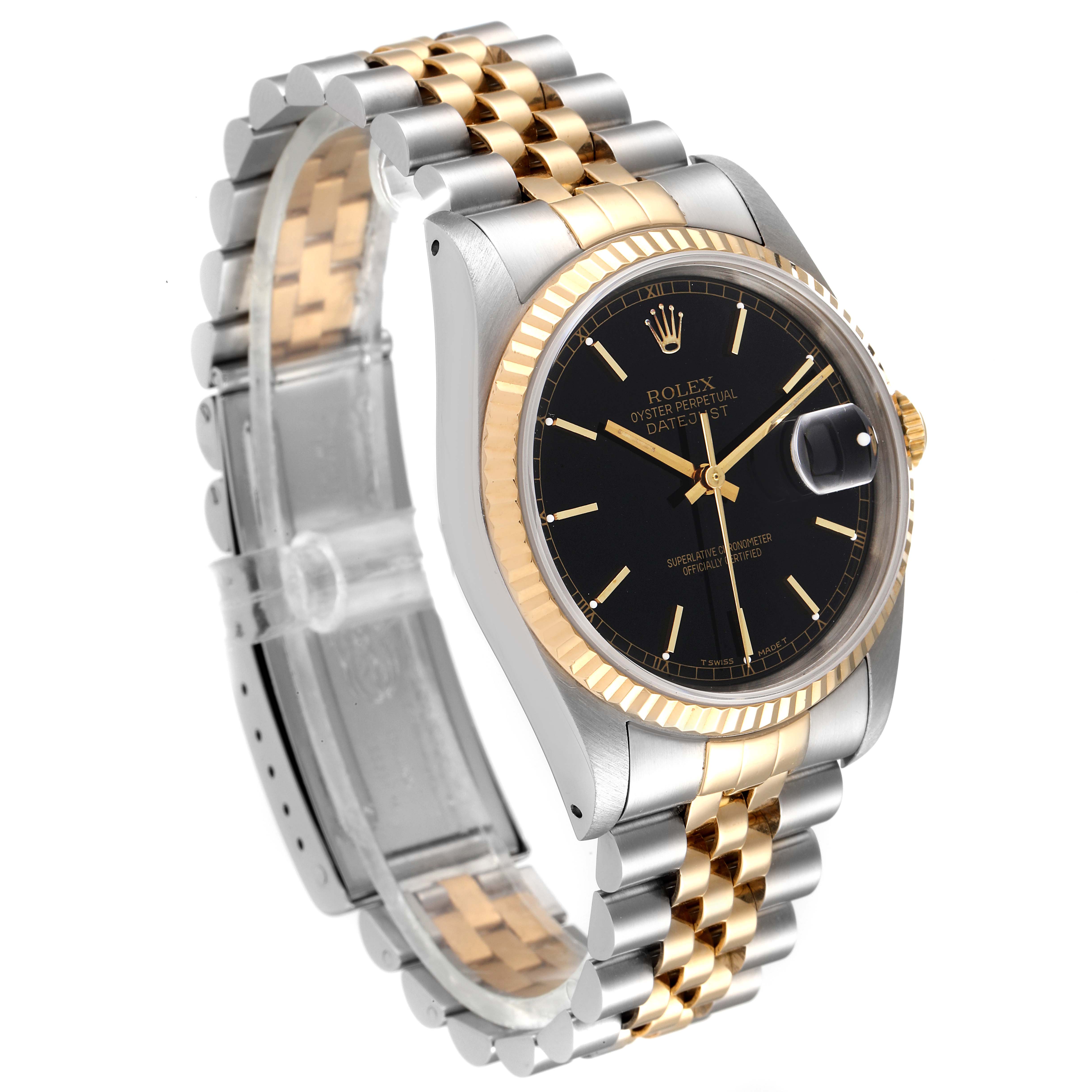 The Rolex Datejust 16233 Men's Steel and Gold (two tone) Black Dial 16233 Men's Steel and Gold (two tone) Black Dial watch is shown at a three-quarter angle, displaying its two-tone bracelet, black dial, and fluted bezel.