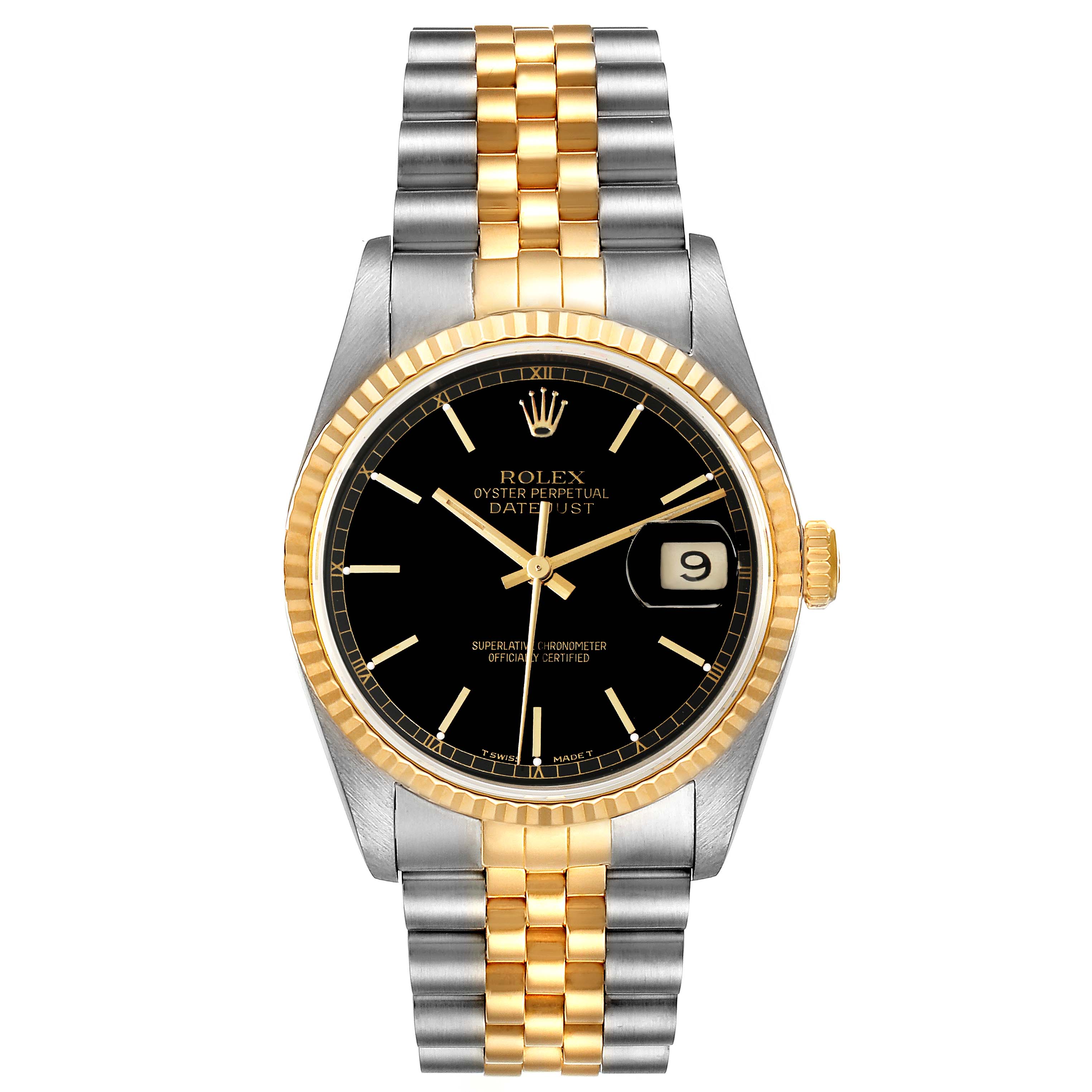 The Rolex Datejust 16233 Men's Steel and Gold (two tone) Black Dial 16233 Men's Steel and Gold (two tone) Black Dial watch is shown from a front angle, displaying its two-tone bracelet, black dial, and fluted bezel.