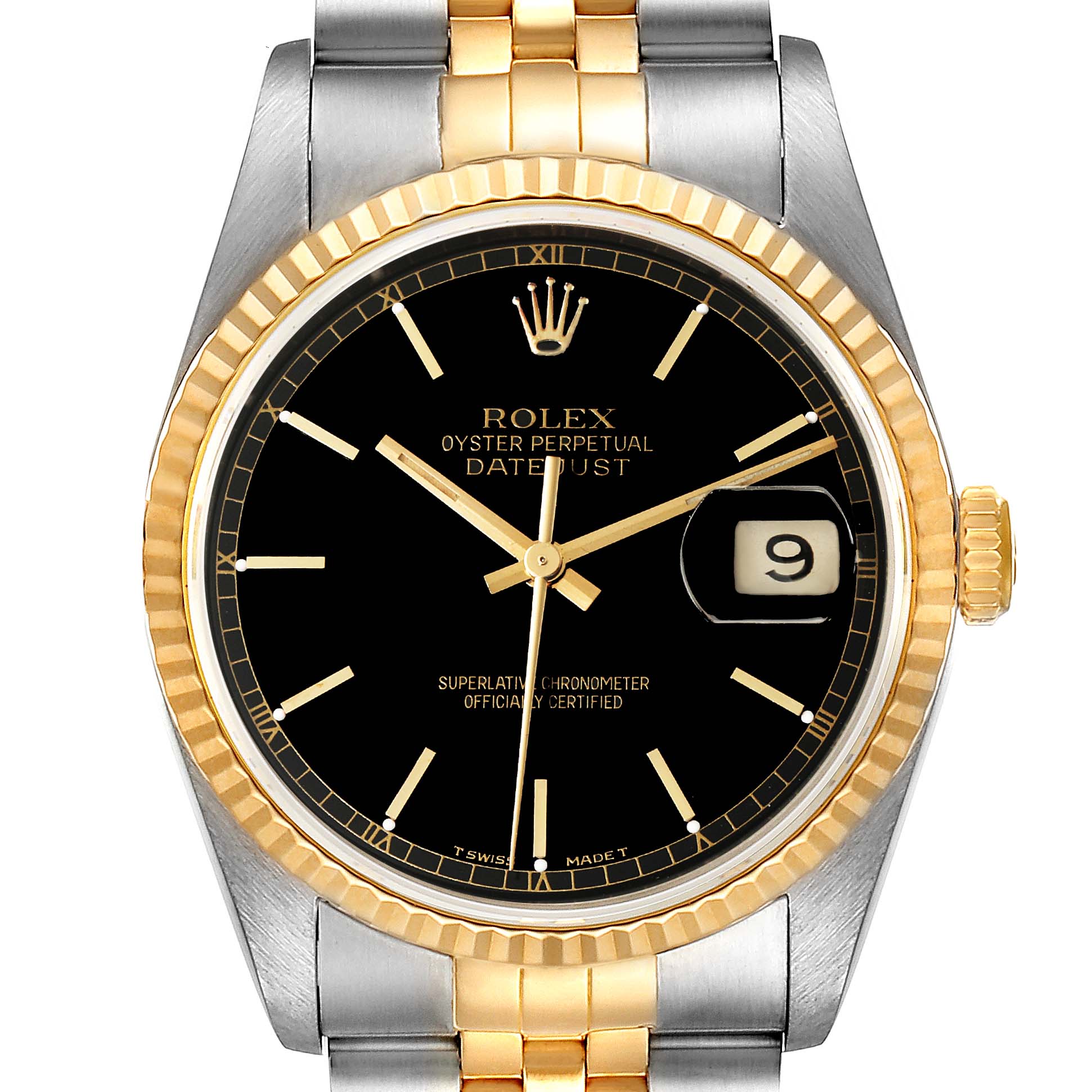 This is a close-up front view of a Rolex Datejust 16233 Men's Steel and Gold (two tone) Black Dial 16233 Men's Steel and Gold (two tone) Black Dial watch, showing the dial, bezel, hands, and part of the bracelet.