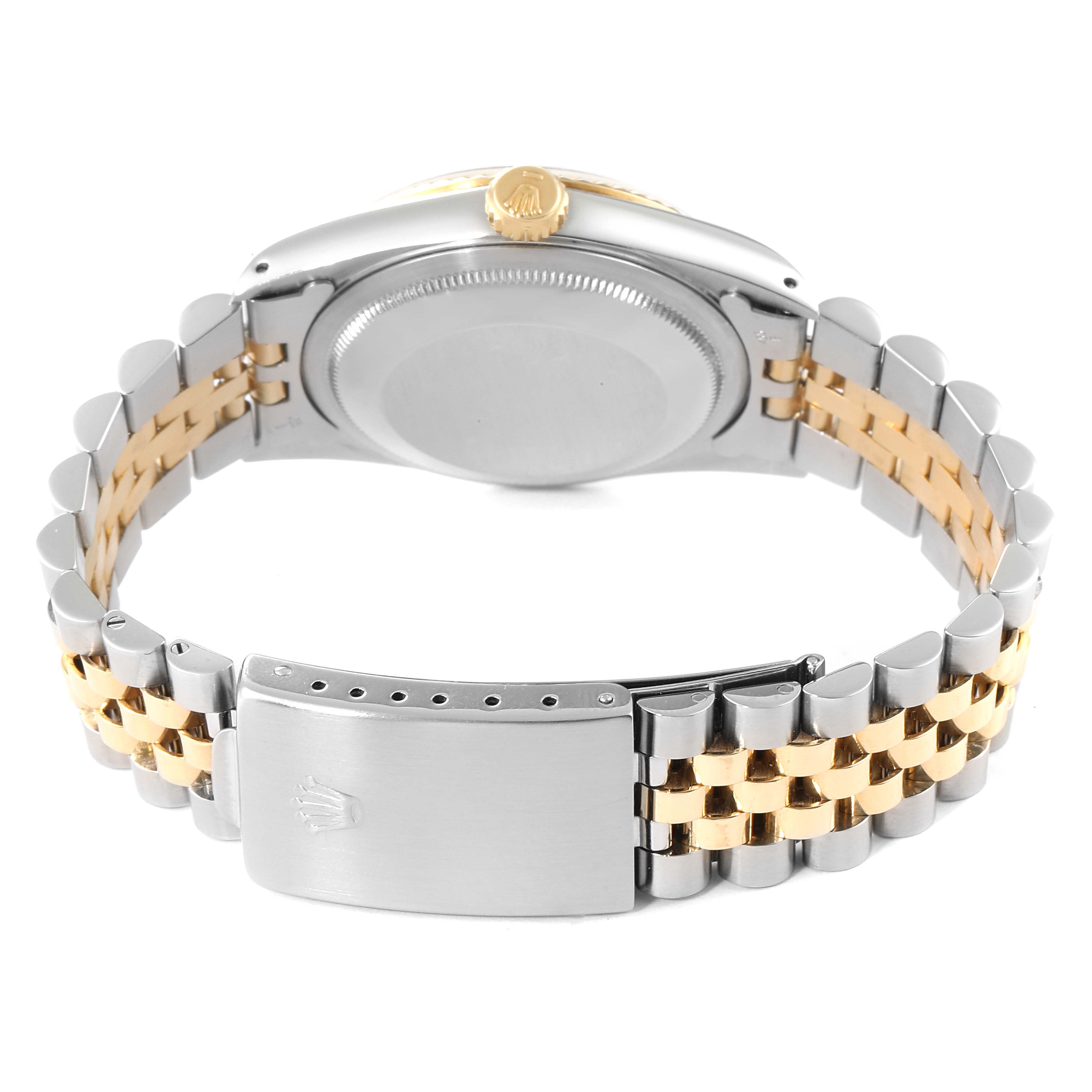 The image shows the back view of a Rolex Datejust 16233 Men's Steel and Gold (two tone) Black Dial 16233 Men's Steel and Gold (two tone) Black Dial model, highlighting the case back, crown, and Jubilee bracelet.