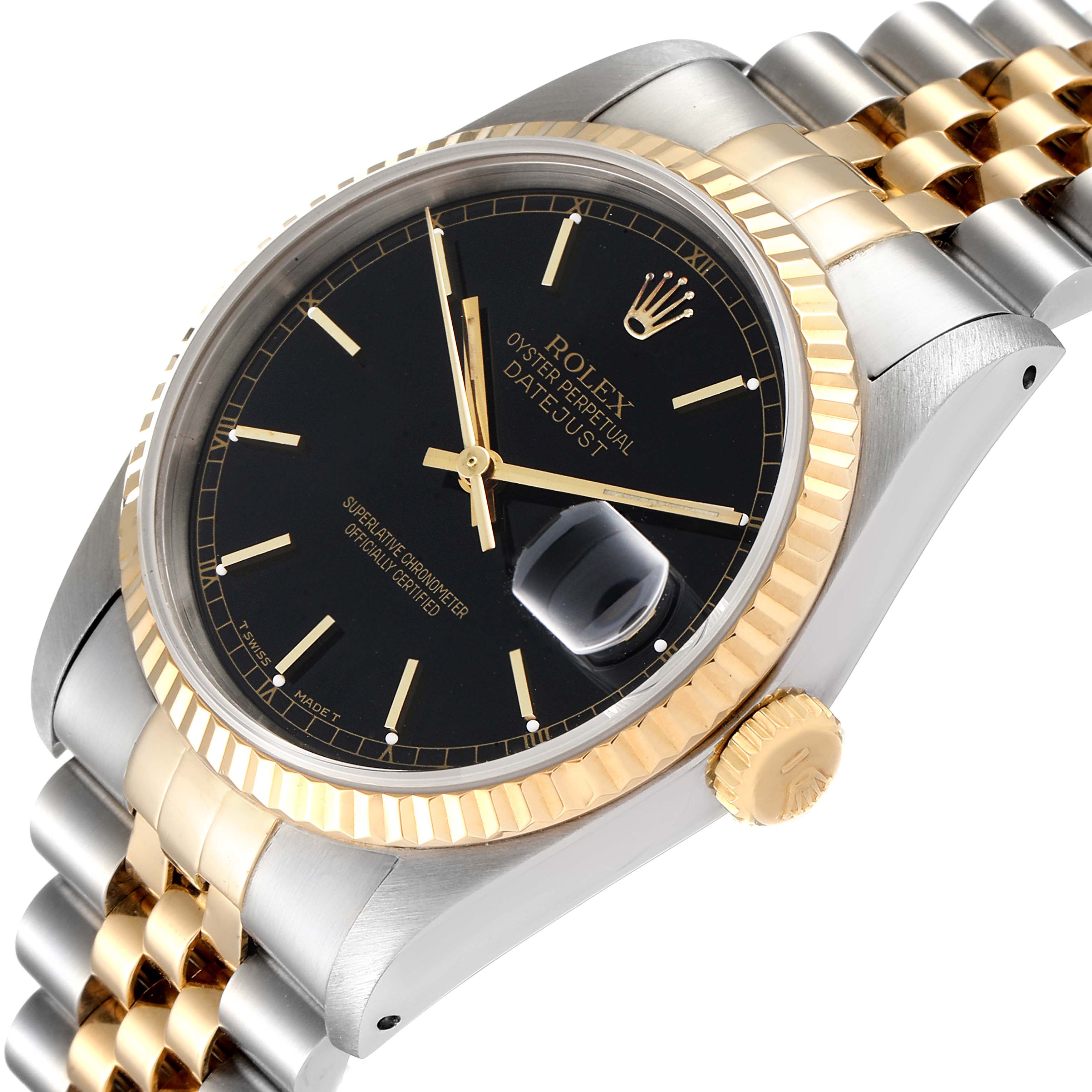 The image shows a Rolex Datejust 16233 Men's Steel and Gold (two tone) Black Dial 16233 Men's Steel and Gold (two tone) Black Dial watch at an angled view, featuring its black dial, gold fluted bezel, and two-tone metal bracelet.