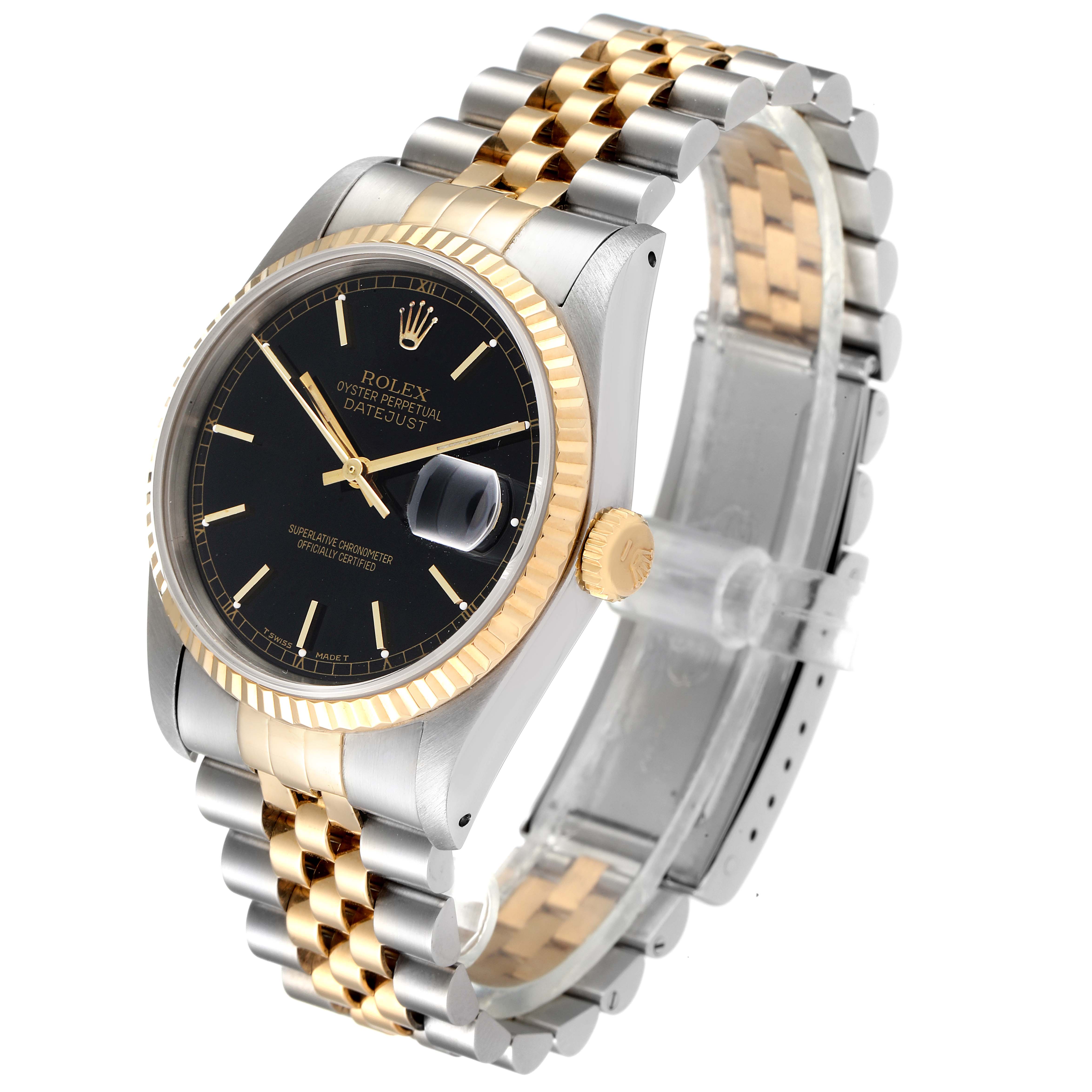 The image shows a Rolex Datejust 16233 Men's Steel and Gold (two tone) Black Dial 16233 Men's Steel and Gold (two tone) Black Dial watch at an angled view, displaying the face, bezel, crown, and two-tone bracelet.