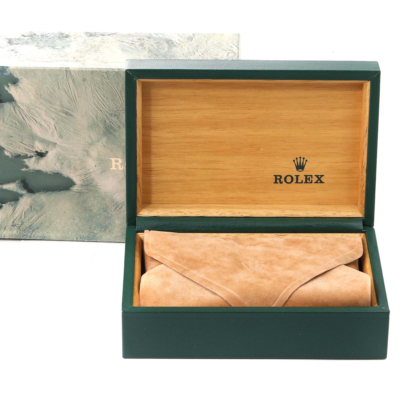 The image shows a Rolex Datejust 16233 Men's Steel and Gold (two tone) Black Dial 16233 Men's Steel and Gold (two tone) Black Dial watch box and a suede pouch at a straight angle.