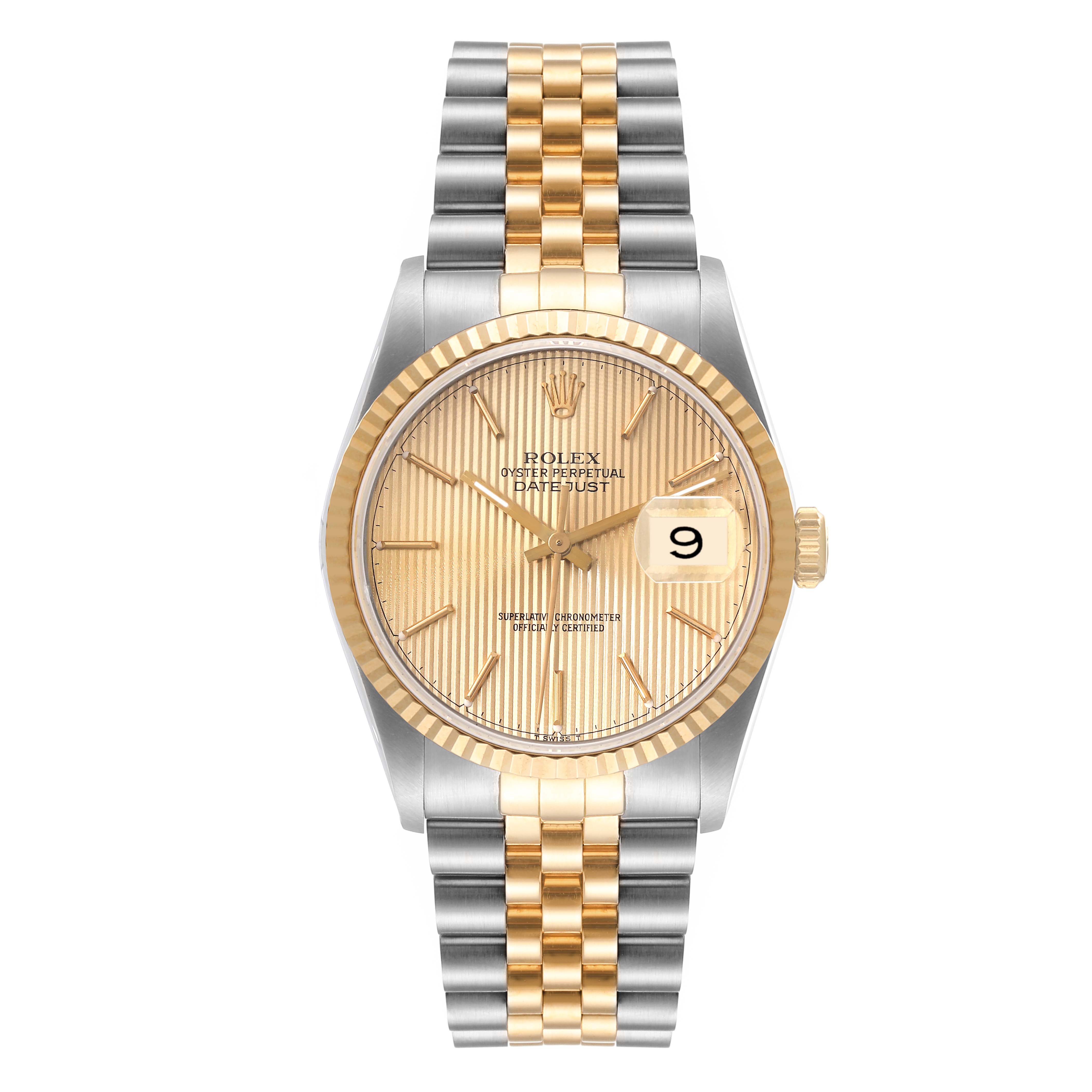 The image shows a Rolex Datejust 16233 Men's Steel and Gold (two tone) Champagne Dial 16233 Men's Steel and Gold (two tone) Champagne Dial watch from a front angle, highlighting its dial, bezel, and Jubilee bracelet.