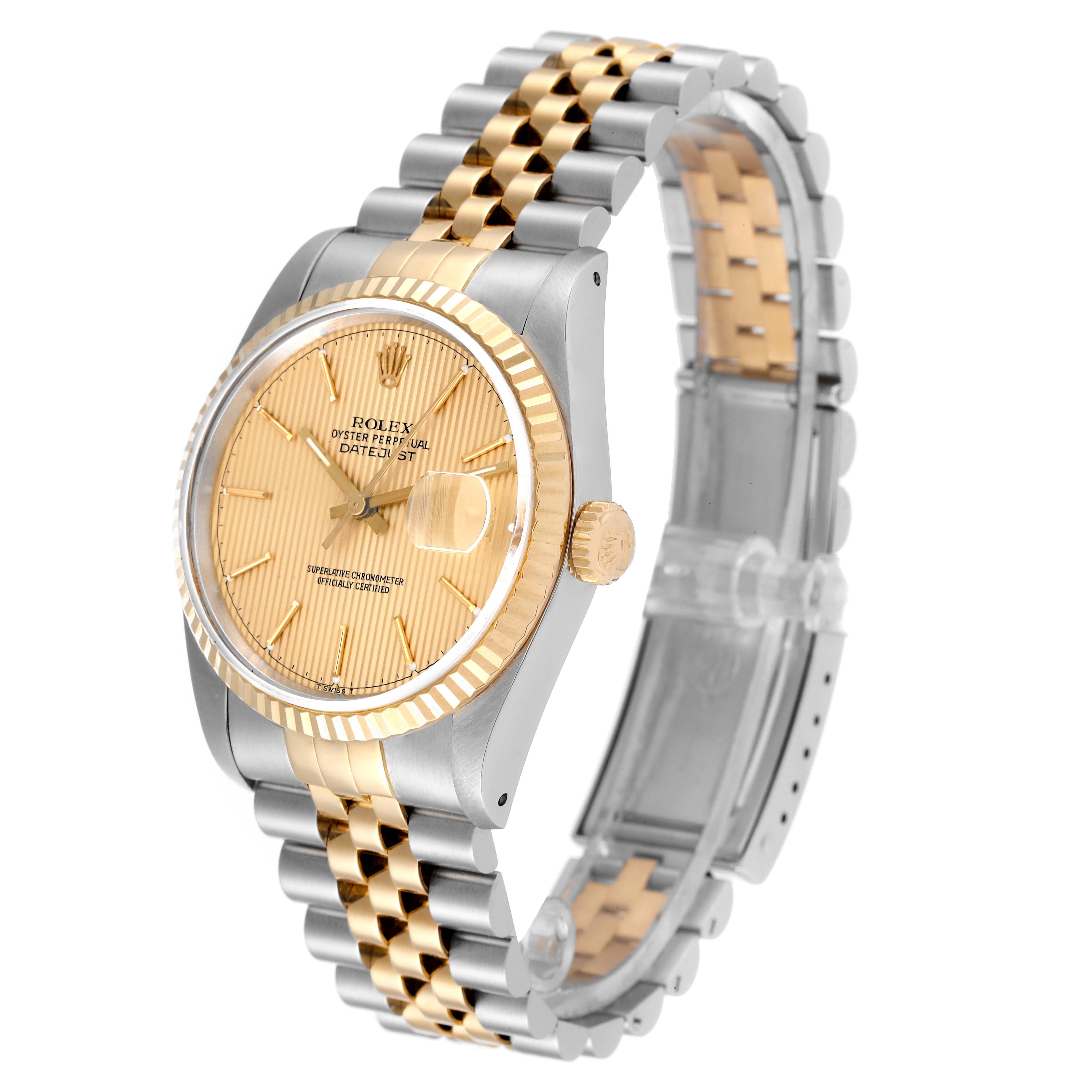 The image shows a Rolex Datejust 16233 Men's Steel and Gold (two tone) Champagne Dial 16233 Men's Steel and Gold (two tone) Champagne Dial watch at a three-quarter angle, highlighting the dial, bezel, and two-tone bracelet.