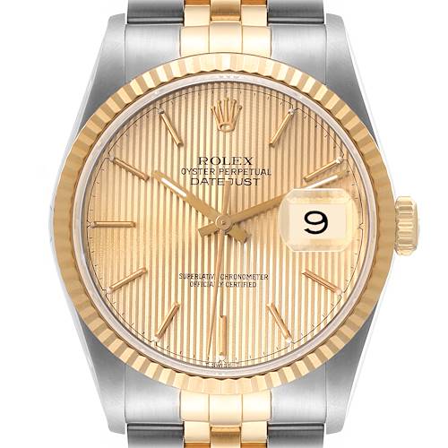 Photo of Rolex Datejust Steel 18K Yellow Gold Champagne Tapestry Dial Mens Watch 16233