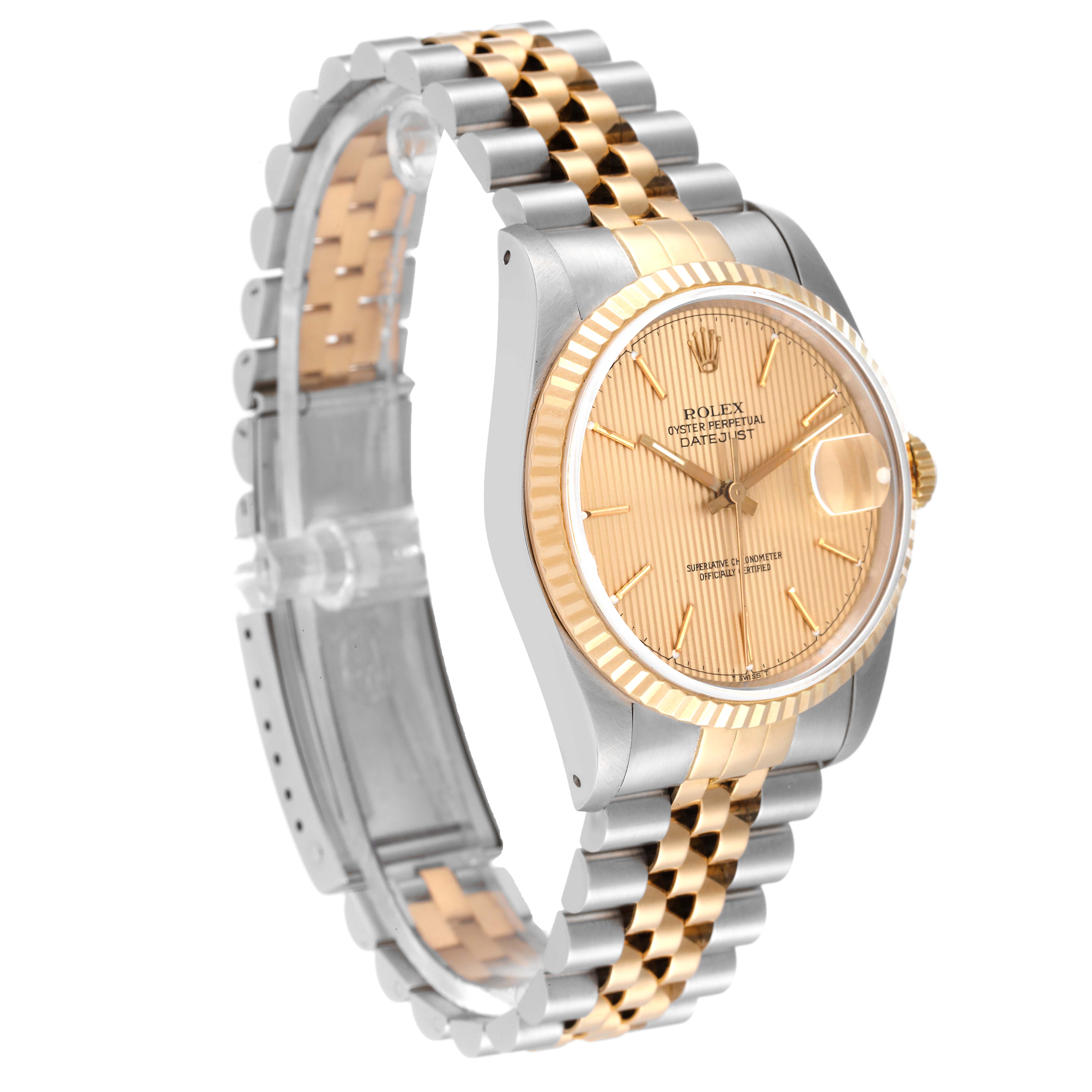 This image shows a Rolex Datejust 16233 Men's Steel and Gold (two tone) Champagne Dial 16233 Men's Steel and Gold (two tone) Champagne Dial watch at an angle, highlighting its dial, bezel, and two-tone bracelet.